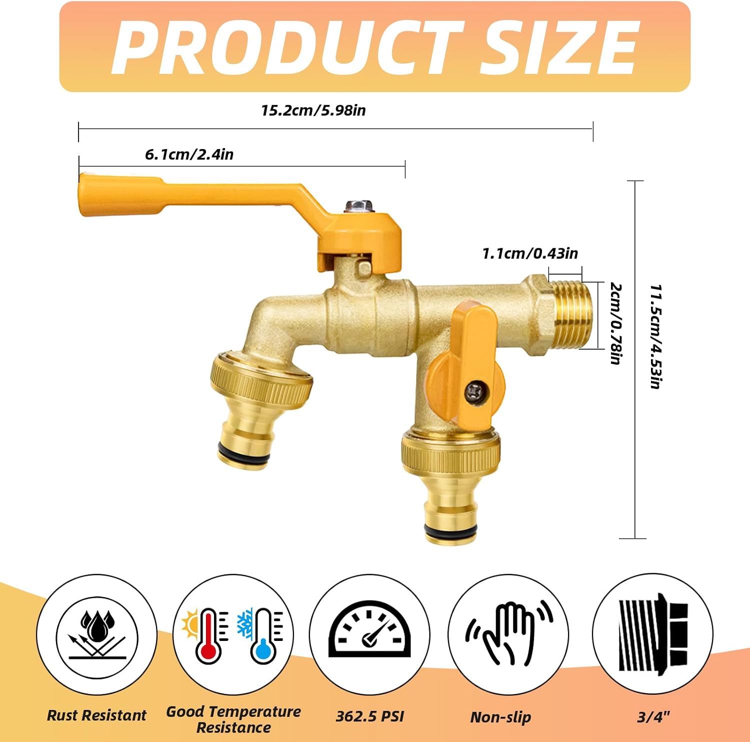 Detalle de Double Garden Tap: 2-outlet Brass 1/2-Inch with Dual 3/4-Inch Outlets