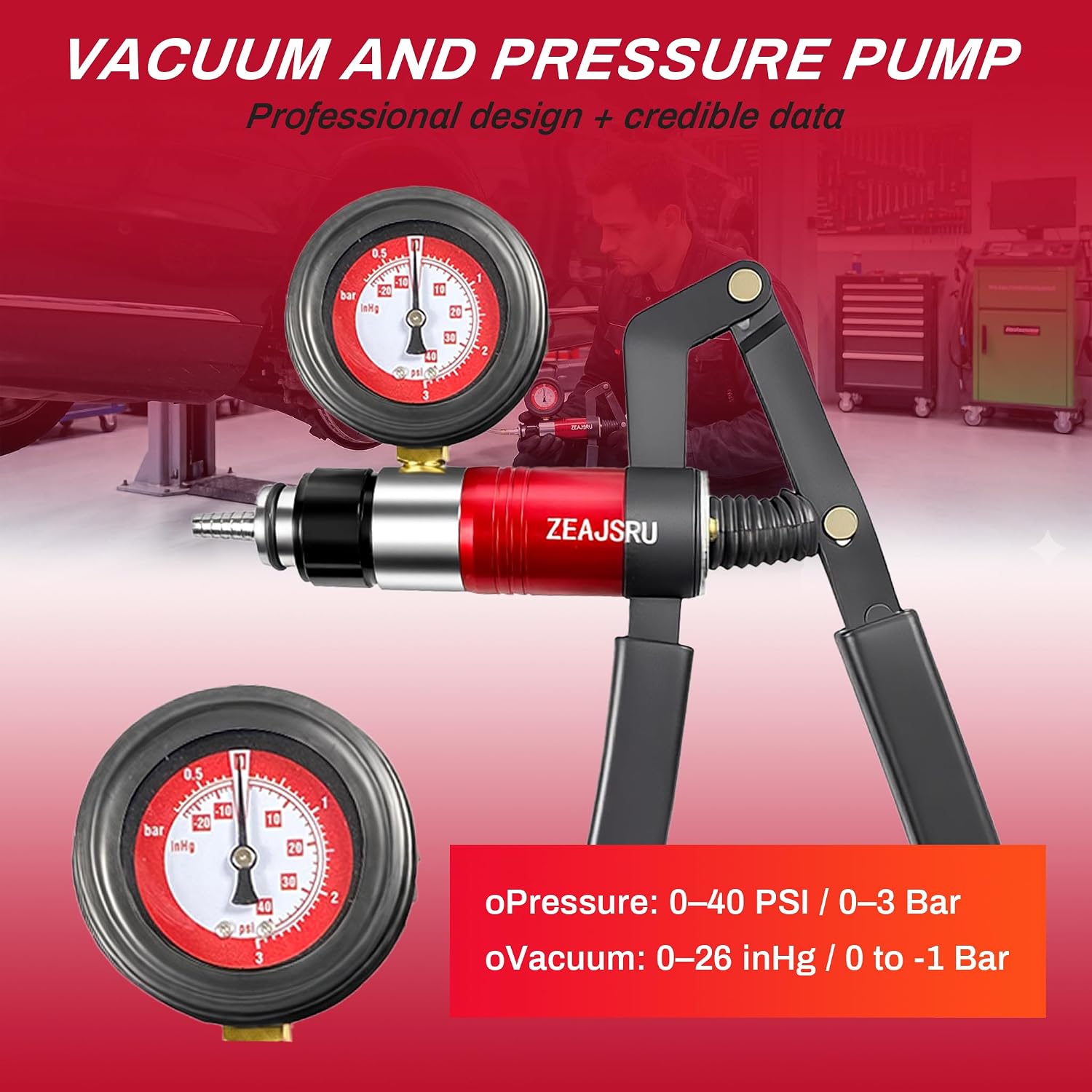 Thumbnail 2 de Handheld Vacuum Pump Brake Bleeder Kit (23PC-Red) — Vacuum & Pressure Tester Set with Gauge, Hoses, Adapters