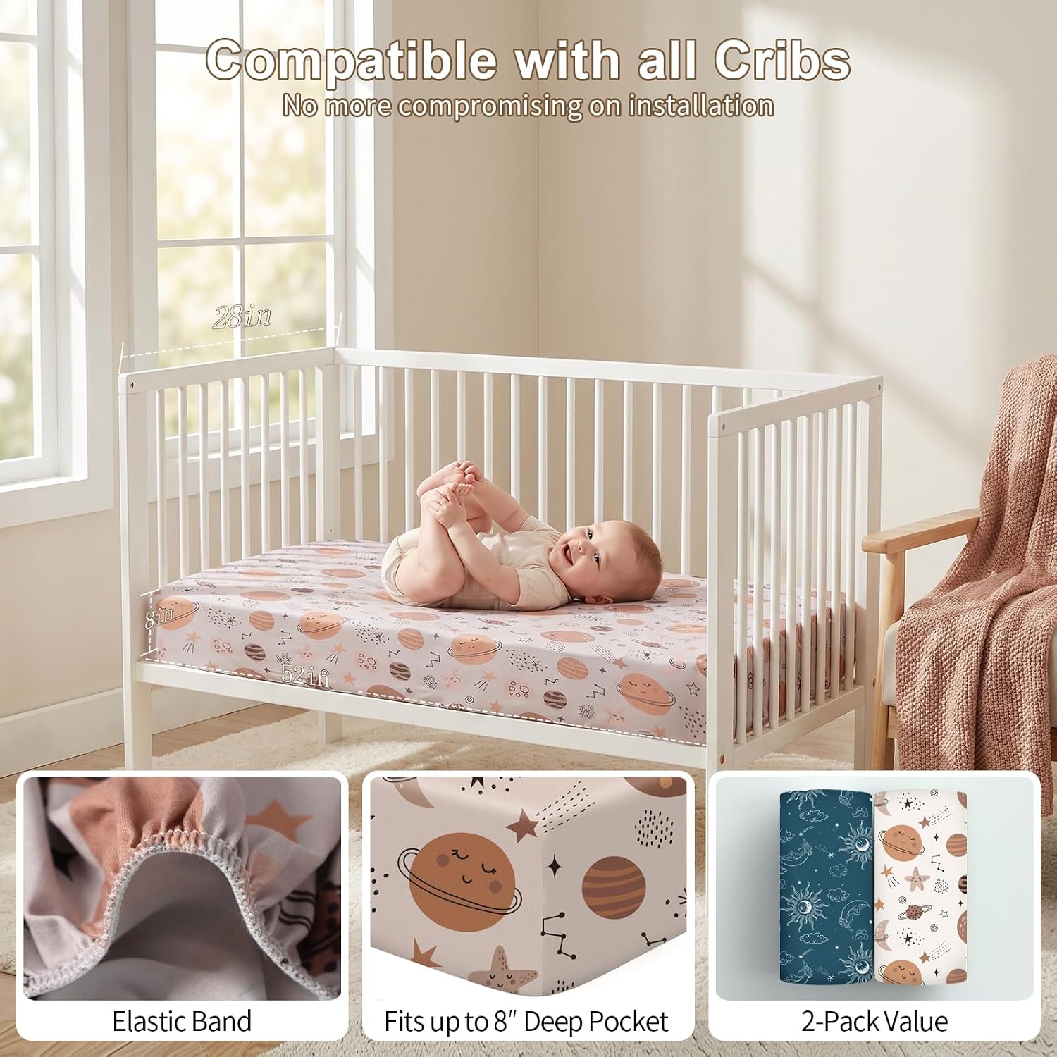 Detalle de IOCCLH Baby Crib Sheets 2-Pack, 28 x 52 x 8-Inch Microfiber, Sleeping Moon & Mars