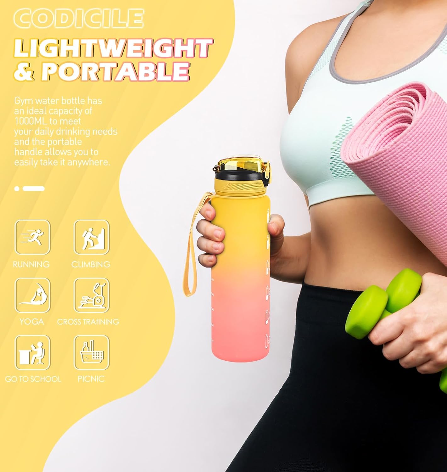 Thumbnail 4 de CodiCile 1L Water Bottle with Straw (leak-proof, dishwasher safe) – time markings & bottle brush, Yellow Pink