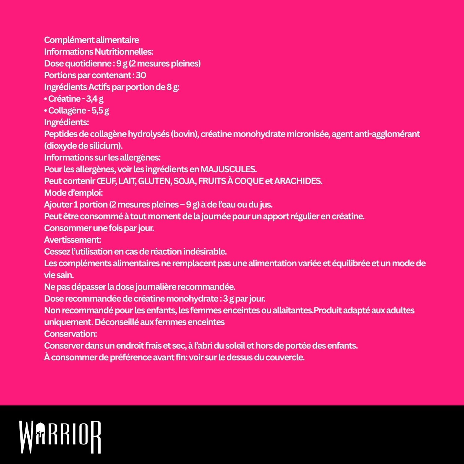 Detalle de Warrior Créatine Monohydrate + Collagène en Poudre 270 g – 30 doses, mix neutre ou fruits rouges