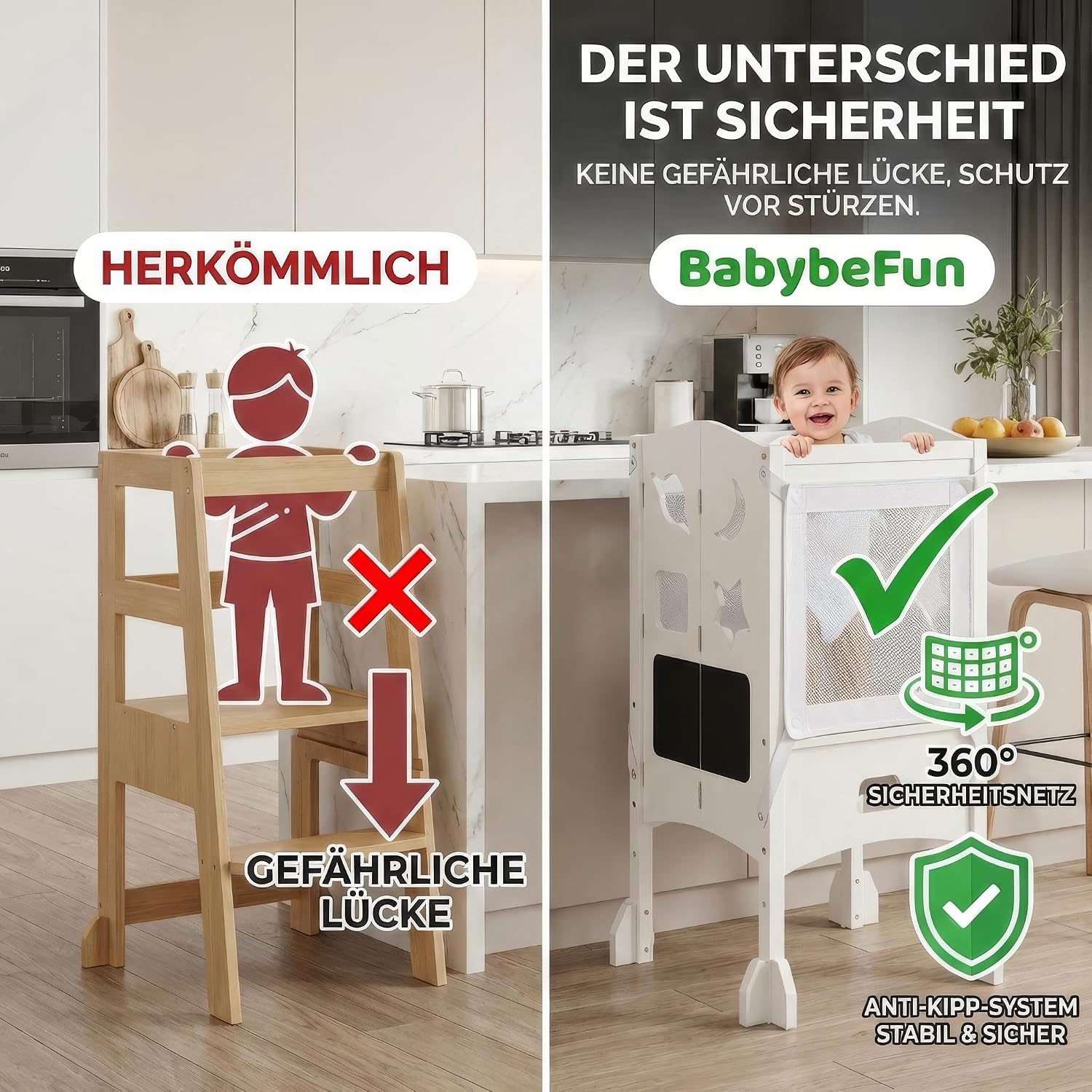 Detalle de BabybeFun Lernturm ab 1 Jahr (klappbar) mit 360° Sicherheitsnetz & Anti-Kipp-Schutz