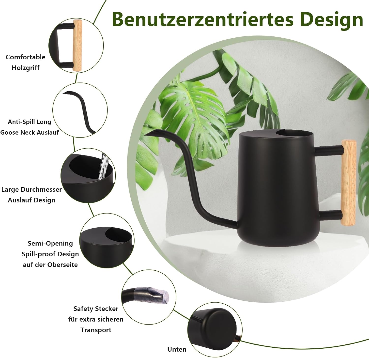 Detalle de Gießkanne Zimmerpflanzen 1L von GUKJOB – Edelstahl, langem Auslauf, Modernes Design