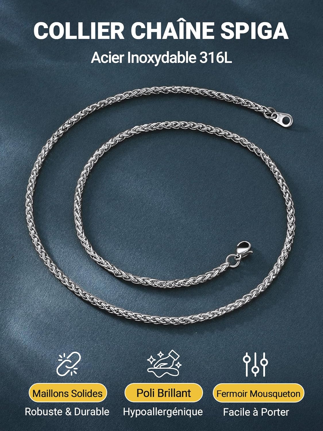 Thumbnail 2 de PROSTEEL Collier Homme 3/6 mm – Maillons Blé en Acier Inoxydable, Argent/Or/Noir, Longueurs 46–76 cm