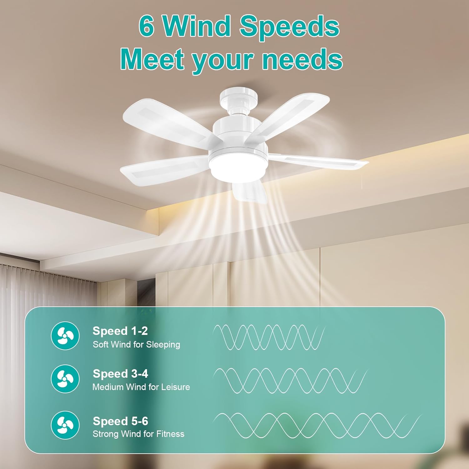 Thumbnail 4 de REYLAX 50cm LED Ceiling Fan with Remote (E27) – quiet 6 speeds, 3 colours 3000–6000K, timer