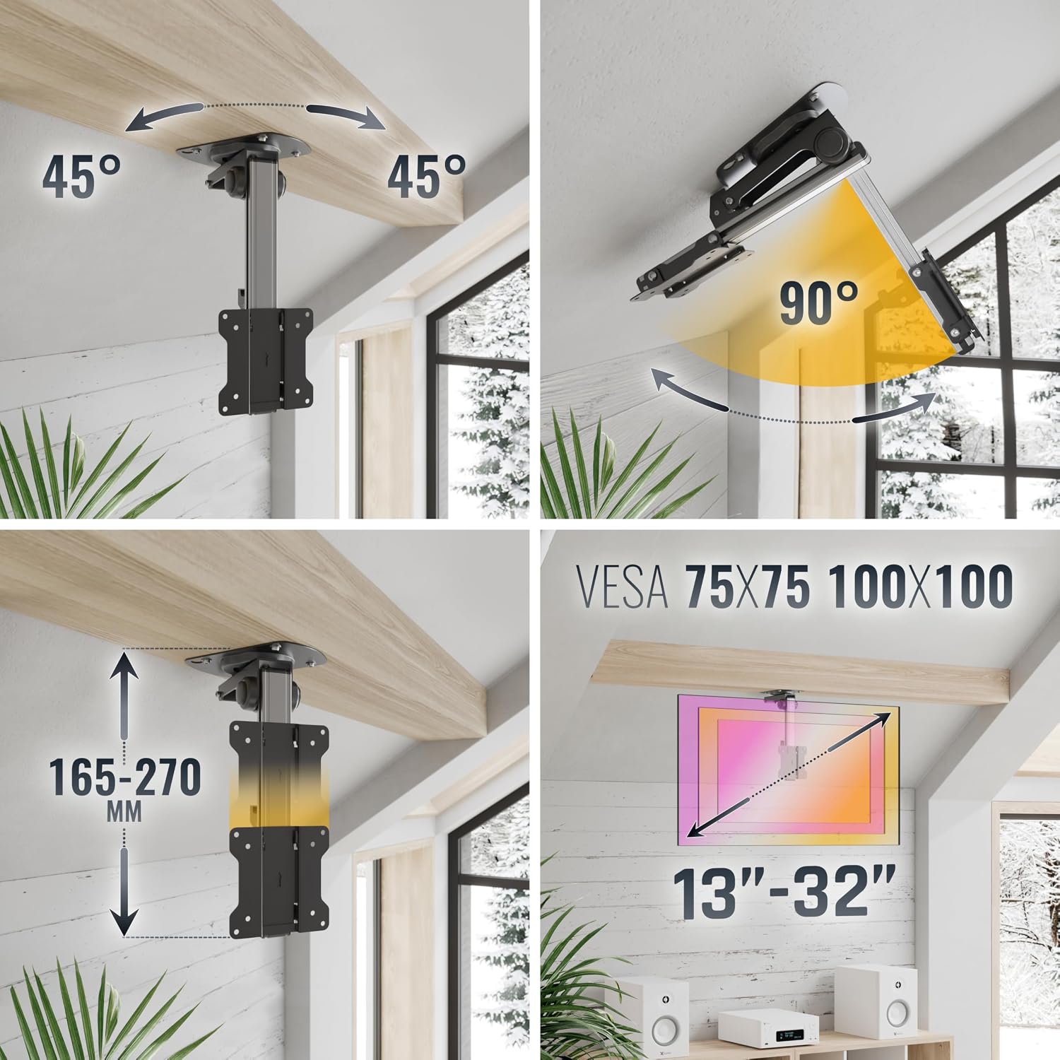 Detalle de RICOO D0111 – składany uchwyt sufitowy do TV i monitora, VESA 100 × 100 mm