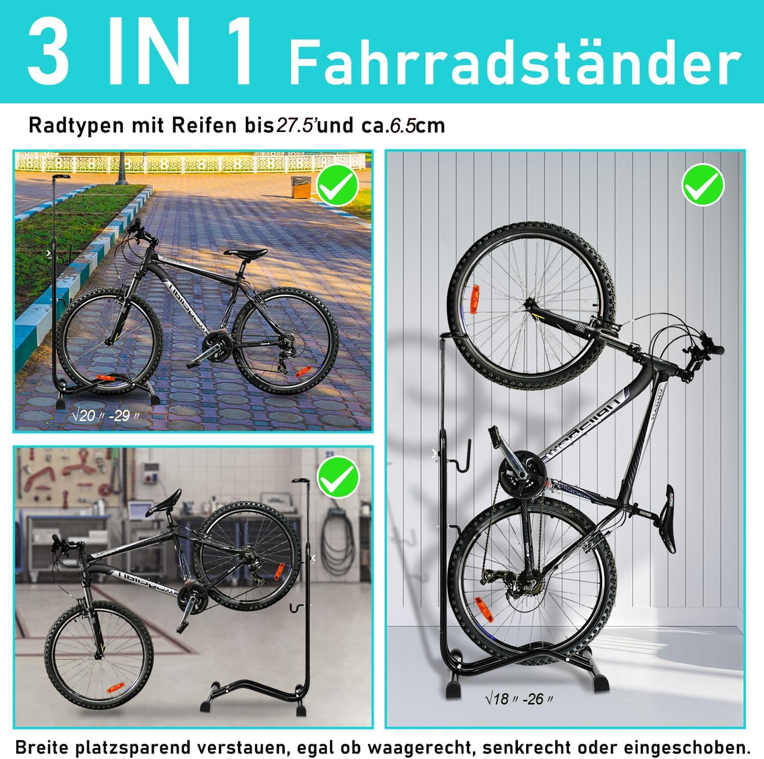 Thumbnail 1 de Joparri lot de 2 béquilles de vélo 3 en 1 au sol (20 à 27,5 pouces) réglables, montage horizontal/vertical