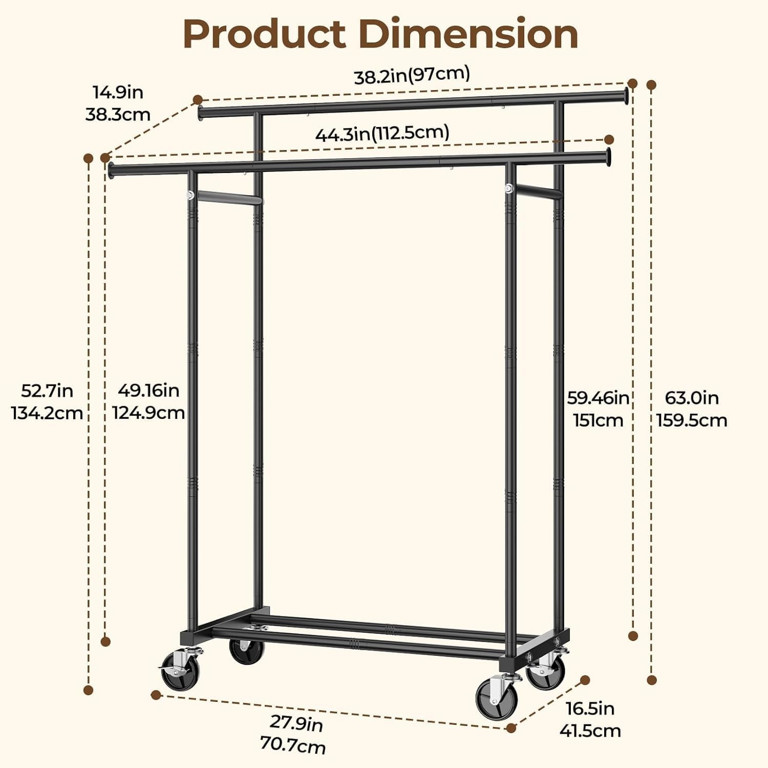 Thumbnail 6 de HYSEYY Double Rods Clothes Rack, Metal Rolling Rack with Storage Shelf, White