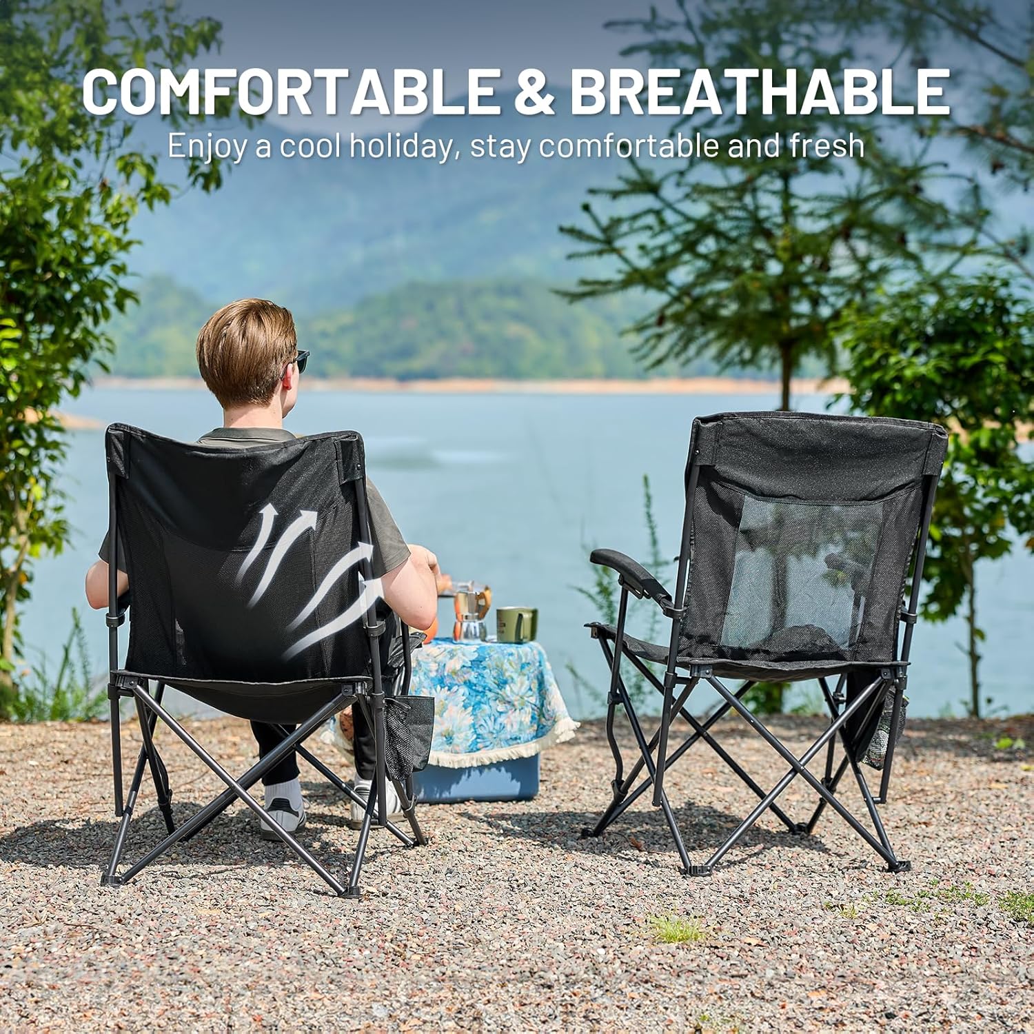 Thumbnail 1 de TIMBER RIDGE Folding Camping Chair for Adults (Heavy Duty, 150kg) with High Back & Mesh Back, Black