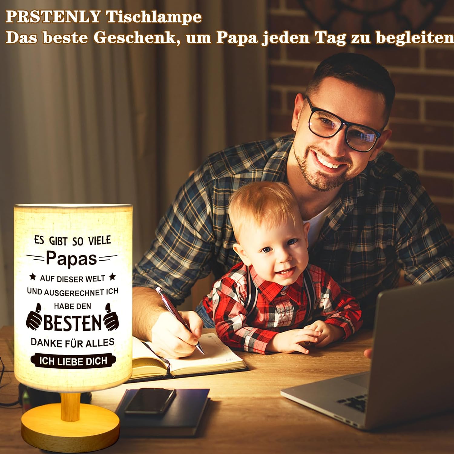 Thumbnail 3 de PRSTENLY Vatertagsgeschenke für Papa – Tischlampe mit warmem Text, USB-Unterstützung und Holzsockel