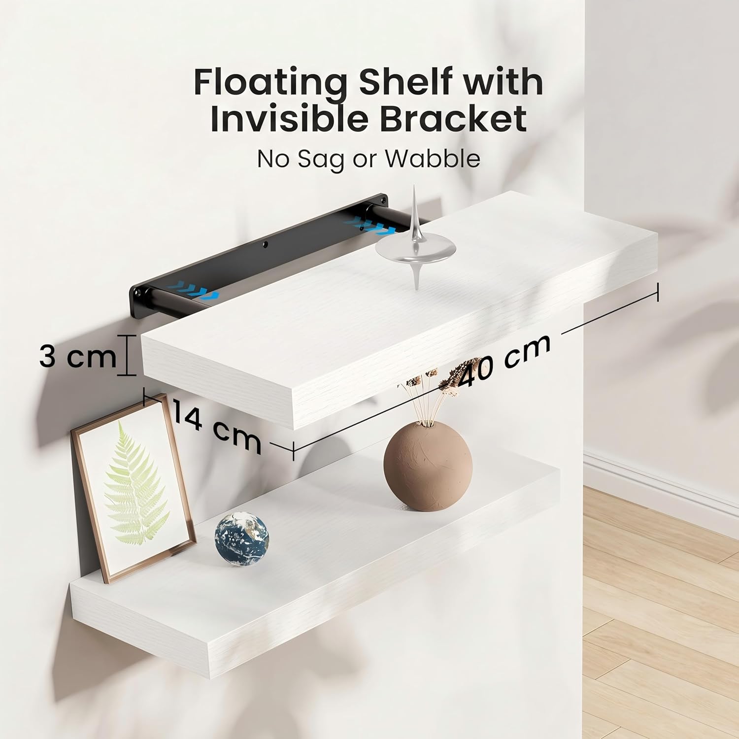 Detalle de AMADA Floating Shelves AMFS08: Set of 3 White Wall Shelves with Invisible Brackets