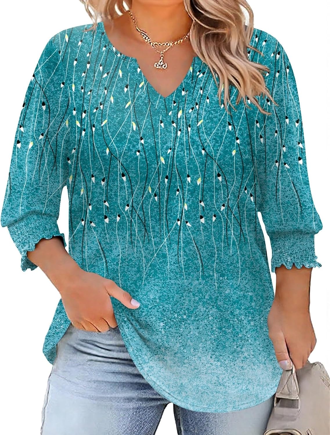 Thumbnail 6 de Rapbin Plus Size 3/4 Sleeve V-Neck Tunic Tops (1X–5X) with Smocked Sleeves