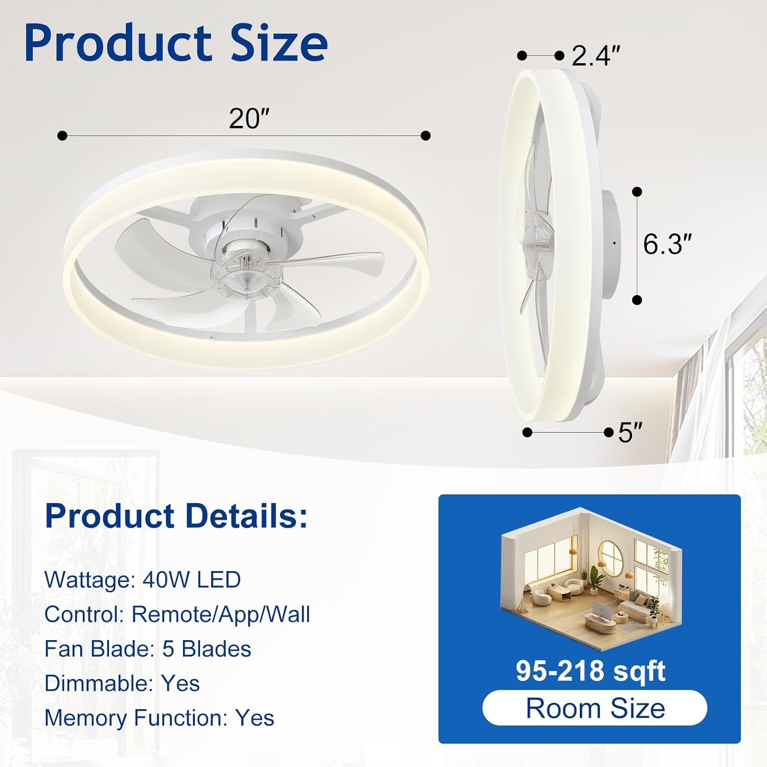 Detalle 2 de DINGLILIGHTING WS-FPZ195-20C 20-Inch Flush-Mount Ceiling Fan with LED Light