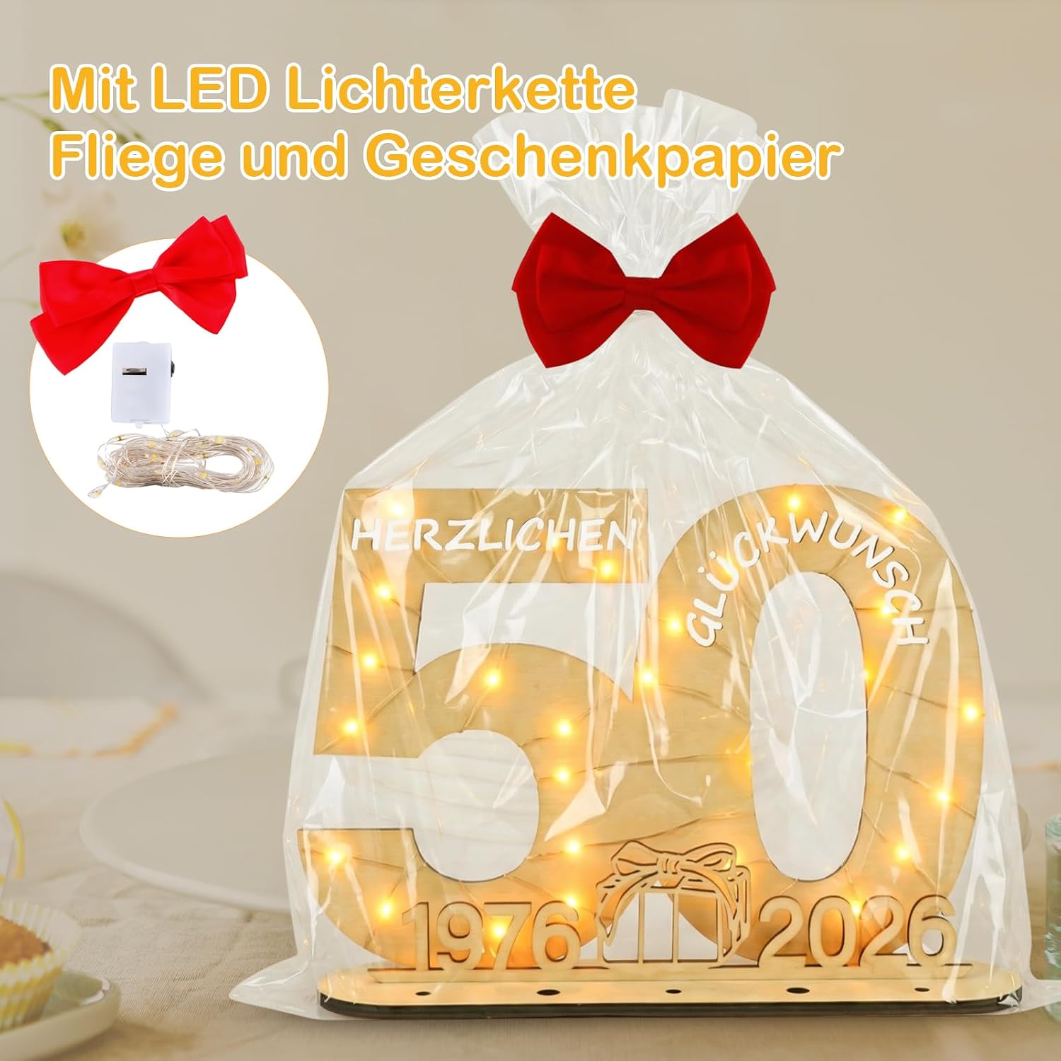 Detalle 2 de Seutgjie originelles Geschenk zum 50. Geburtstag (1976–2026) mit LED-Lichterkette – Holz-Geldgeschenk & Tischdeko