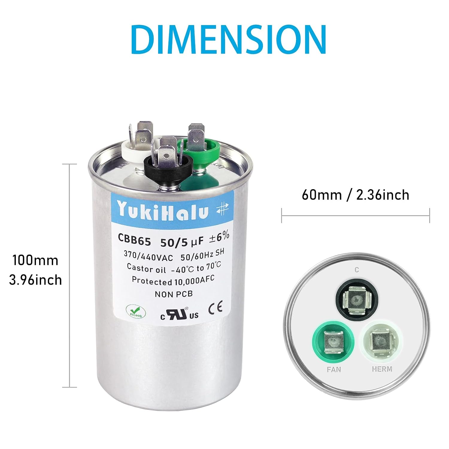 Detalle de YukiHalu CBB65 50+5 uF Dual Run Capacitor, 370/440 VAC for HVAC