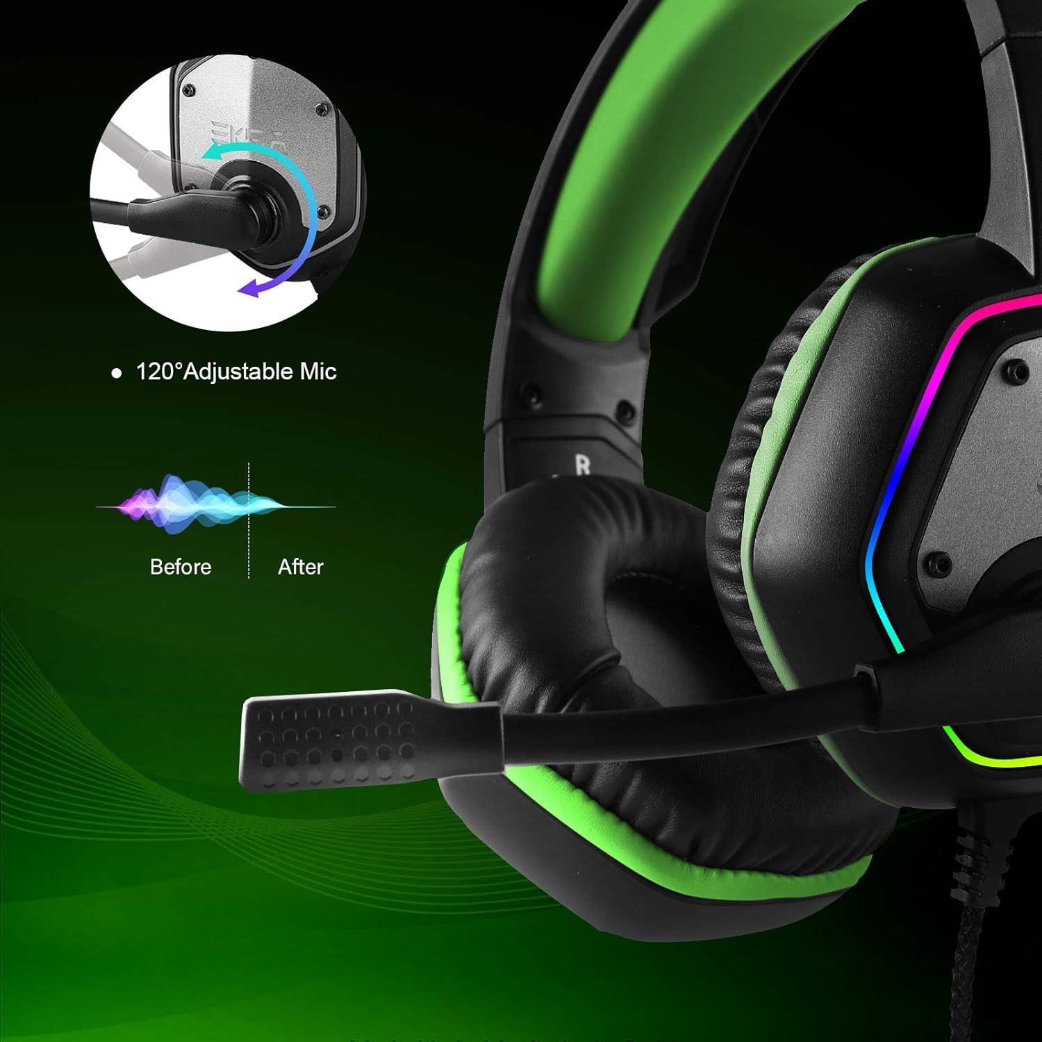 Thumbnail 4 de EKSA E1000 USB Gaming Headset with Mic Noise Cancelling, 7.1 Surround & RGB (Green)