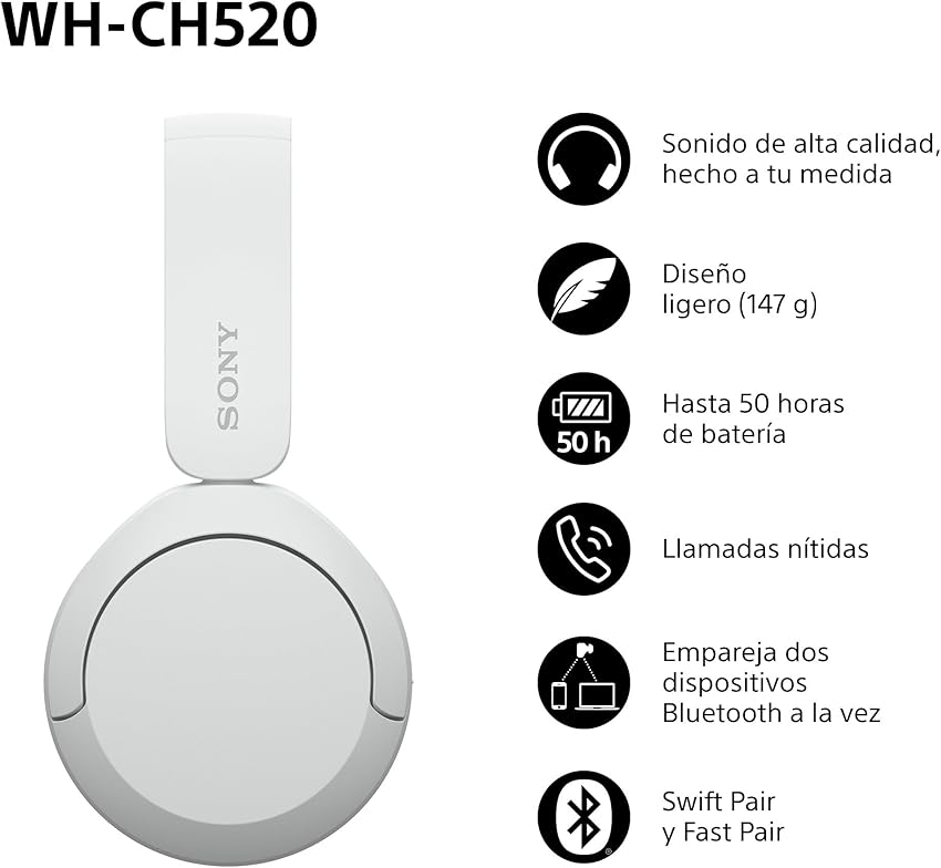 Detalle 2 de Sony WH-CH520 Auriculares inalámbricos Bluetooth, 50h batería
