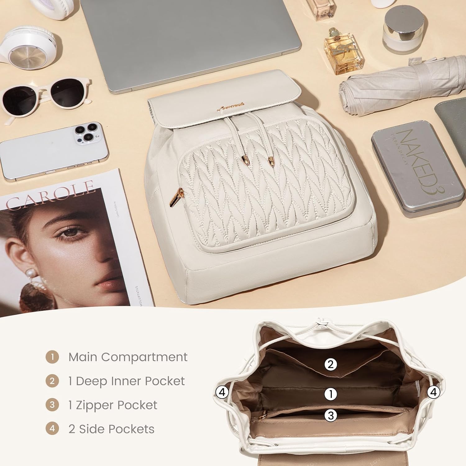 Thumbnail 3 de LOVEVOOK women’s small fashion backpack (beige) – waterproof anti-theft mini rucksack for school, work & travel