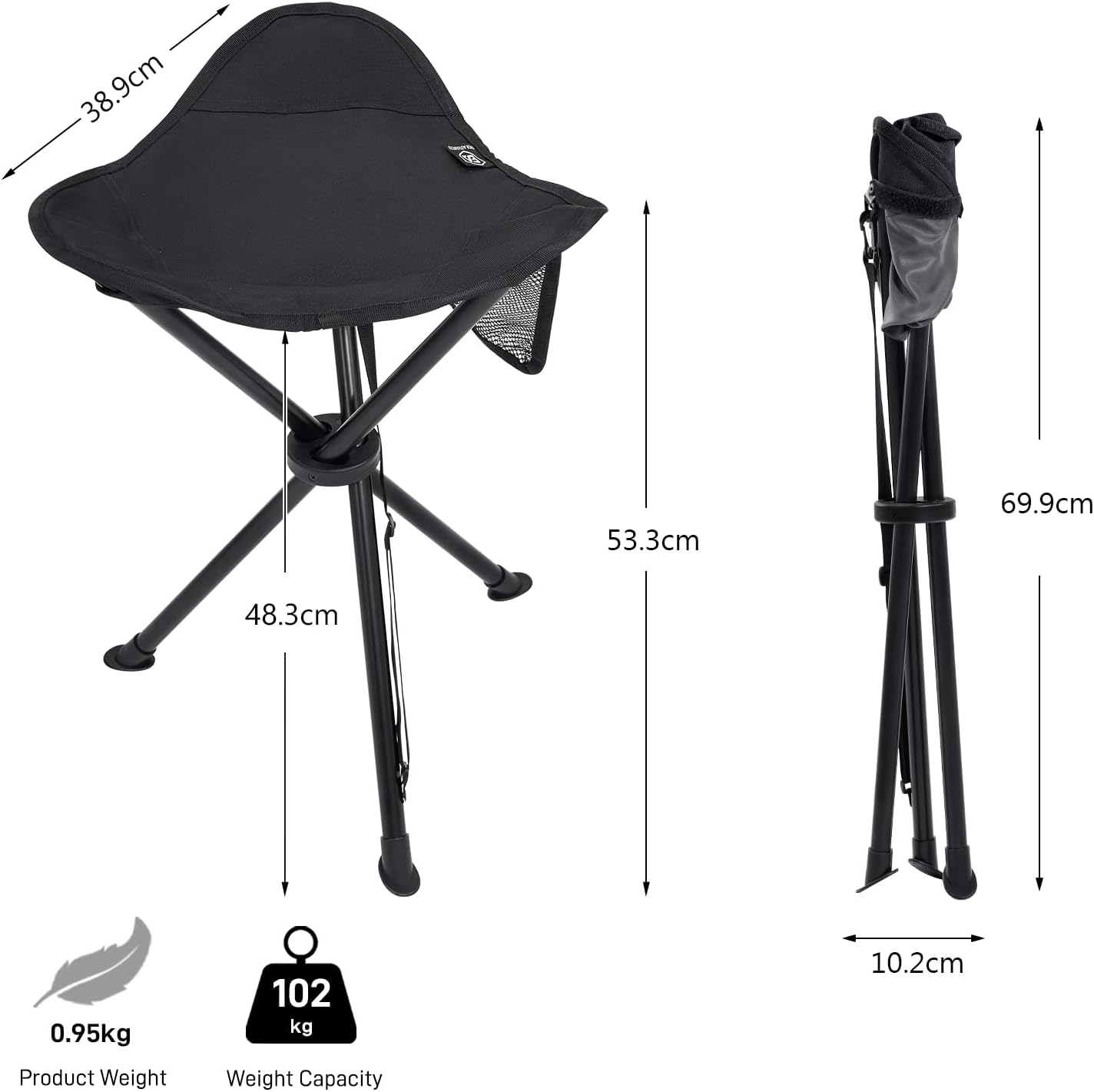 Thumbnail 2 de EVER ADVANCED Folding Stool Tripod Tall (53 cm) lightweight camping stool, black, supports up to 102 kg