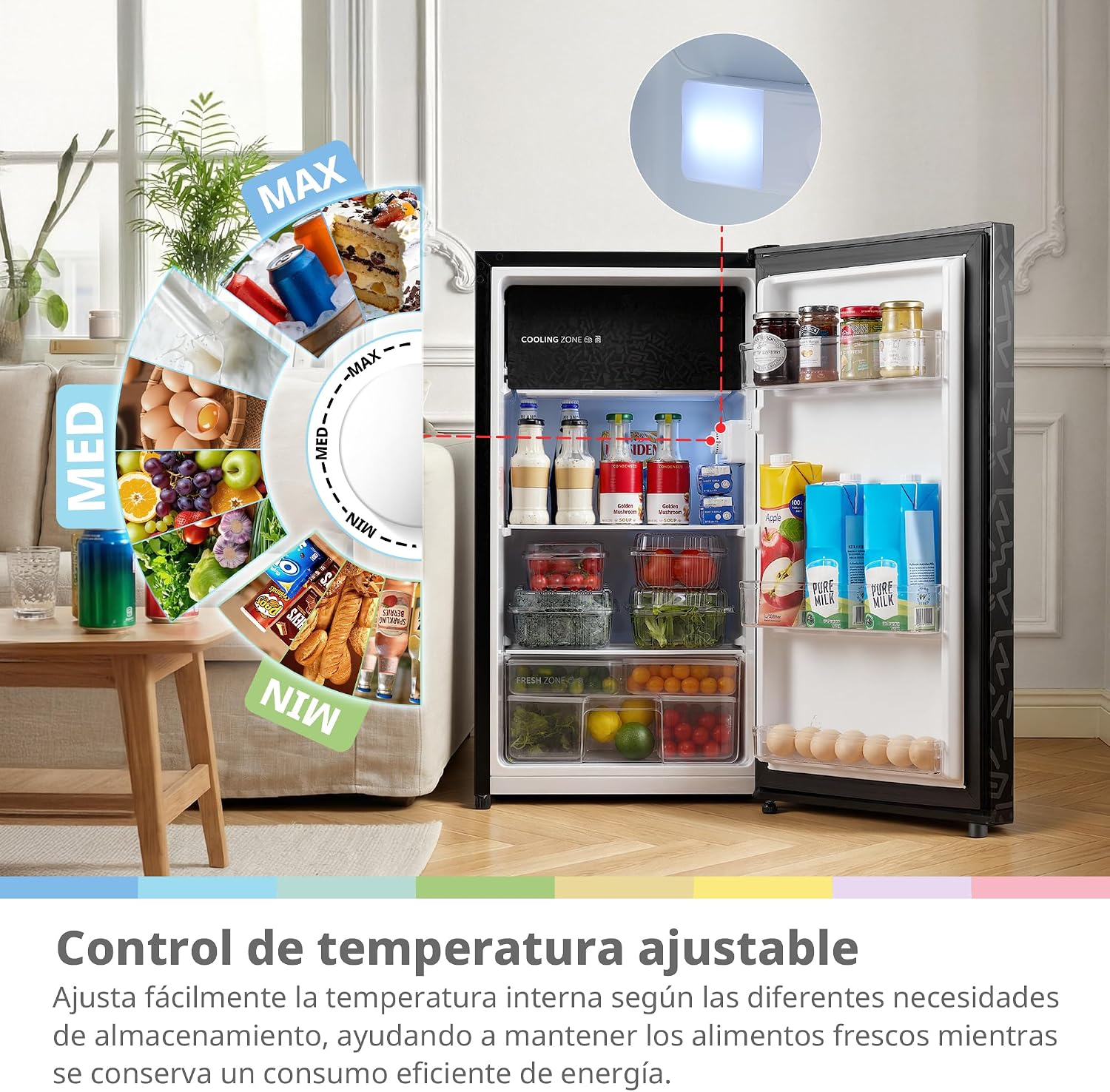 Detalle de Comfee RCD92BF2EUY(E): Refrigerador compacto de 88 L para espacios pequeños
