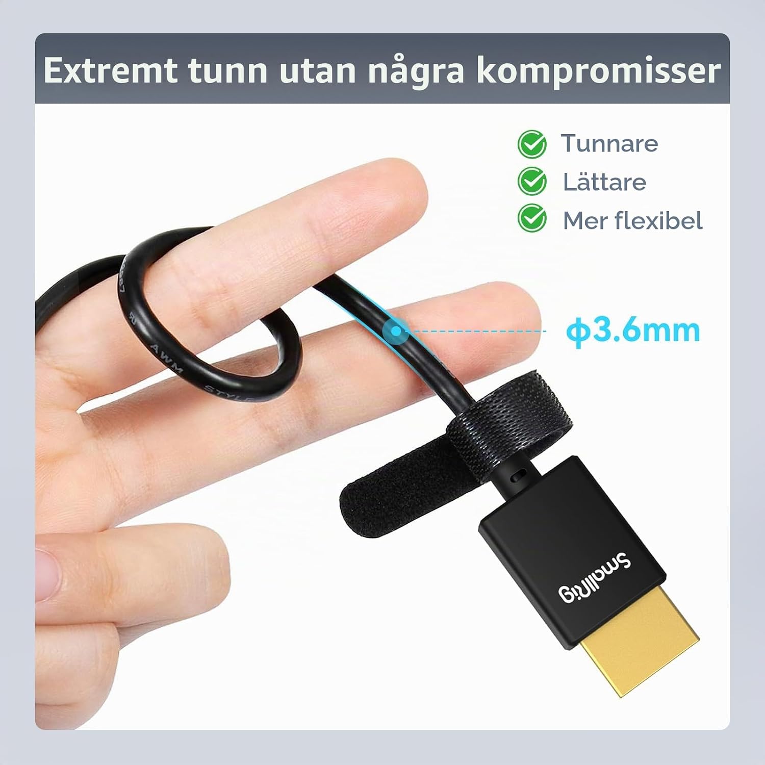Detalle de SMALLRIG 3043 HDMI-kabel, 55 cm, ultratunn och flexibel med stöd för 4K@60Hz
