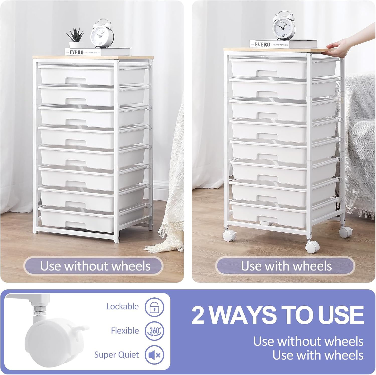 Detalle de SYKIARIOL 1250-W 8-Drawer Utility Cart with Wooden Top and Locking Wheels