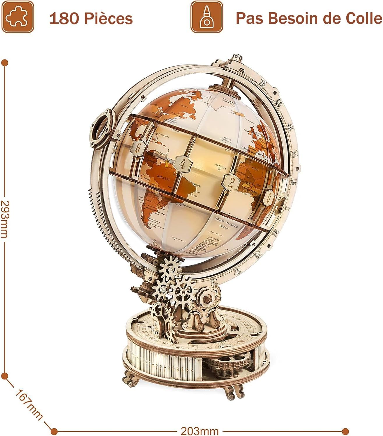 Detalle de ROKR Maquette Bois Globe Lumineux 3D – Puzzle 180 pièces et globe rotatif en bois