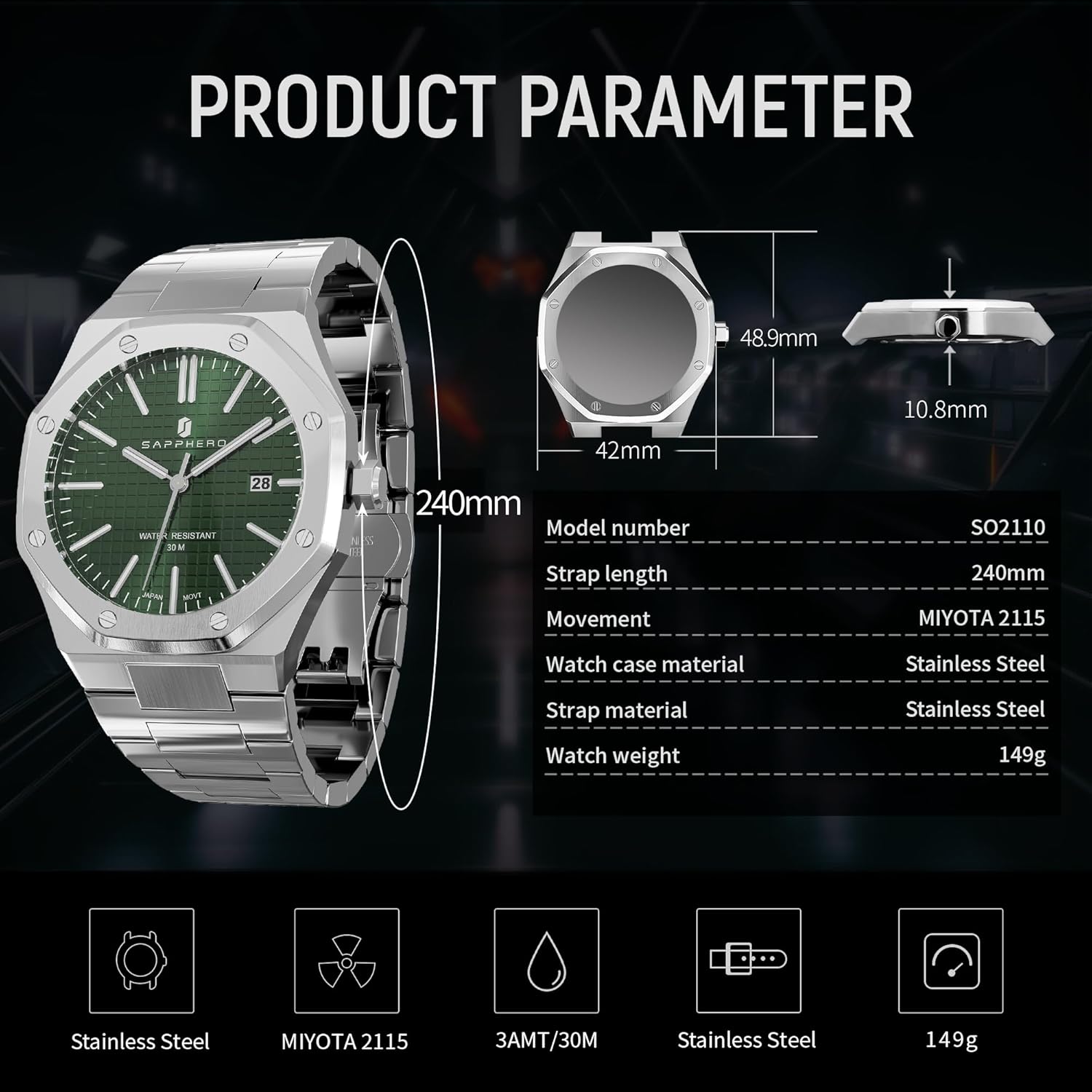 Thumbnail 3 de SAPPHERO Herren Uhr Edelstahl-Quarzuhr: zeitloses Design, zuverlässige Präzision