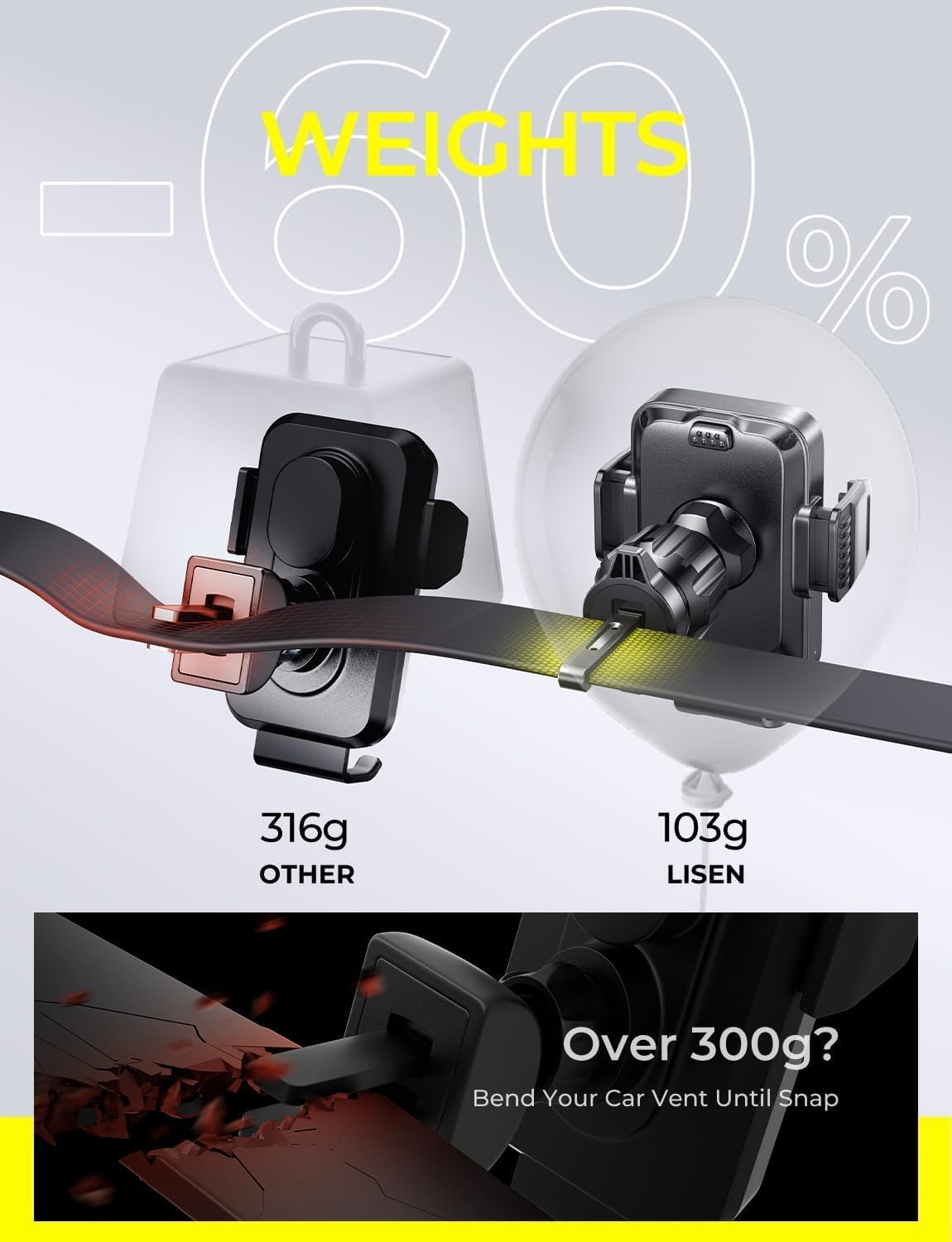 Thumbnail 4 de LISEN Android [15W Pro] Auto-Halterung mit Ladefunktion – 360° Drehung, Lüftungsklemme, kompatibel mit S25/S24/S23 Ultra, Pixel 10, iPhone