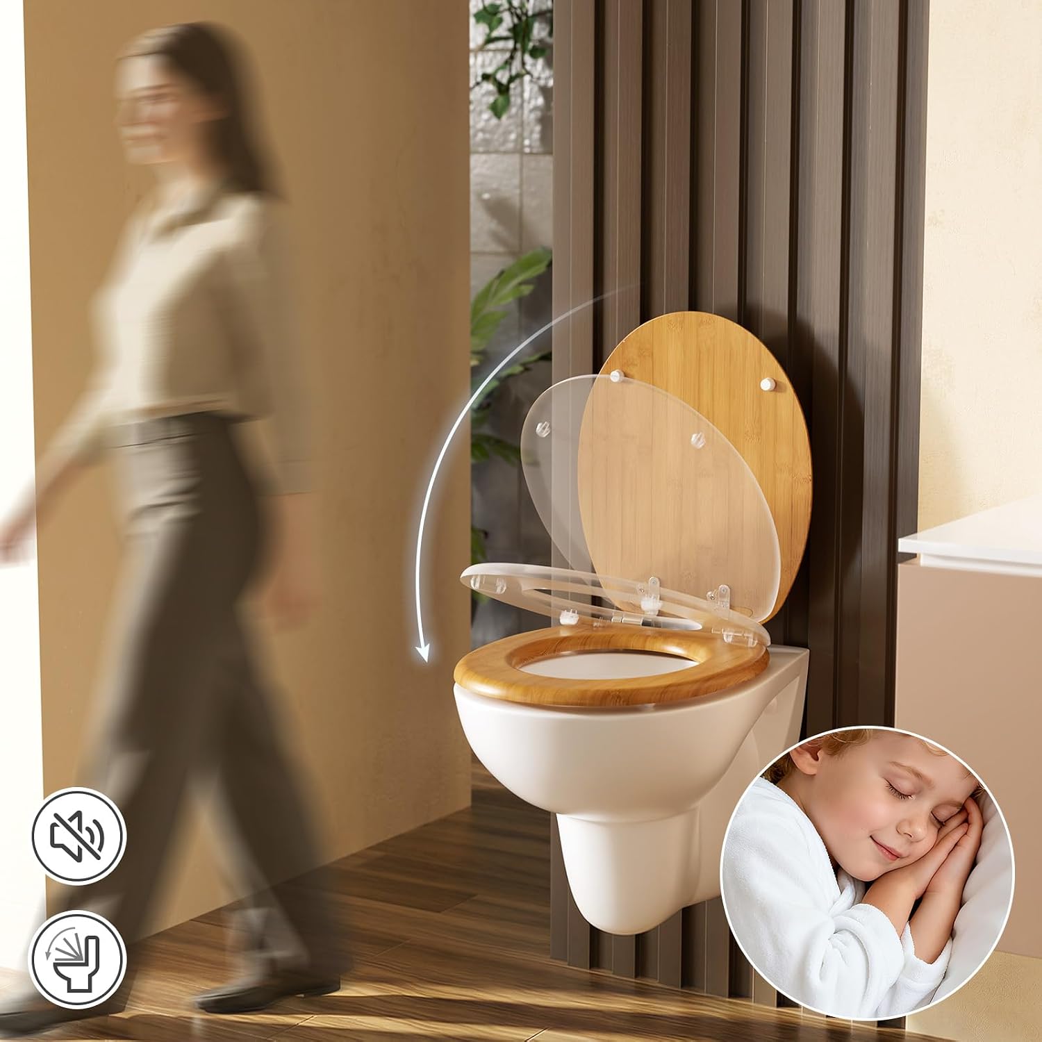 Thumbnail 2 de Premium Bamboo Grain Wooden Toilet Seat with Soft Close – Round, Heavy Duty & Universal Fit