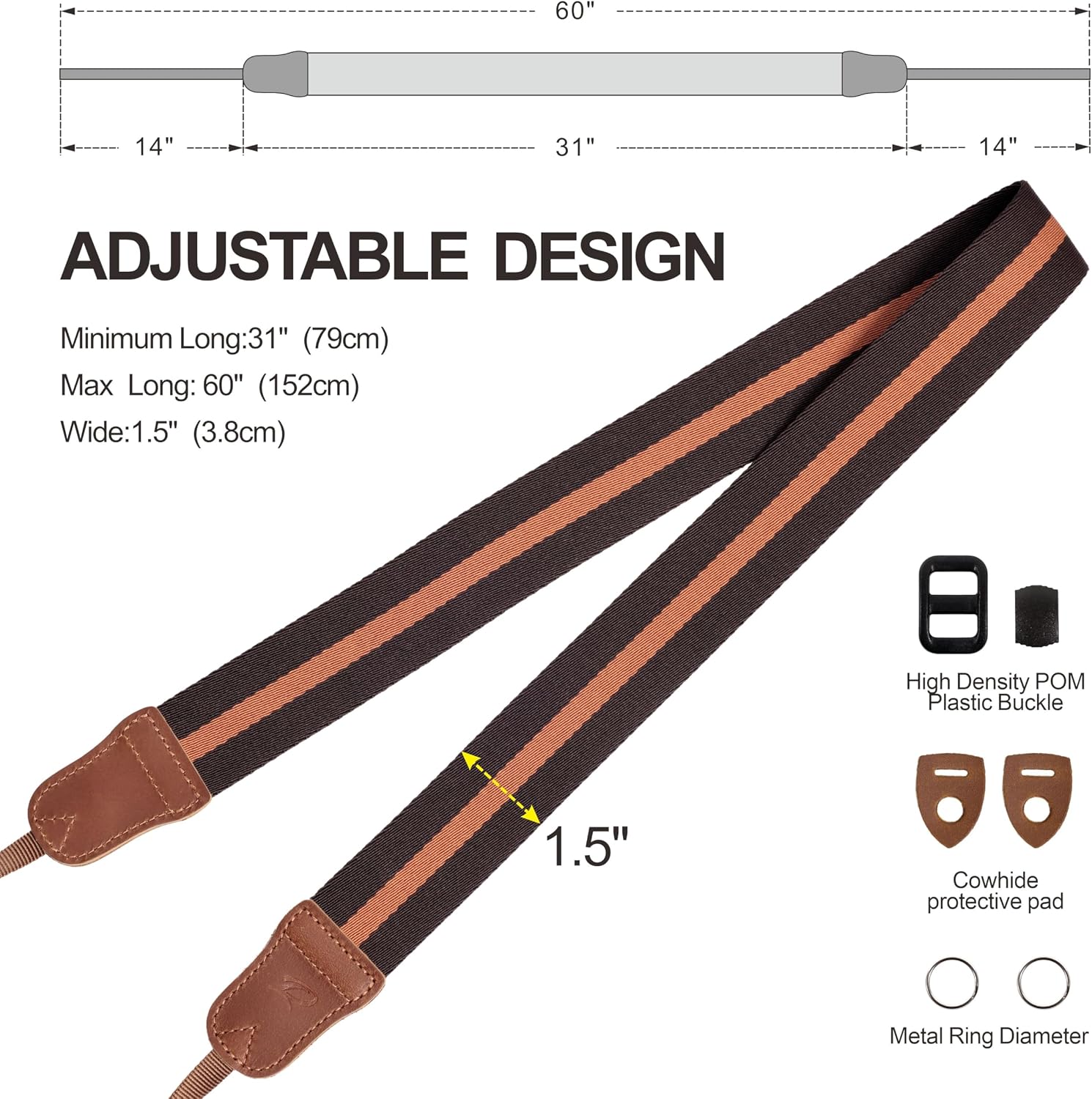 Thumbnail 6 de Padwa Lifestyle Gestreift Kameragurt – 1,5 Zoll breit, Baumwollband mit Lederverschlüssen