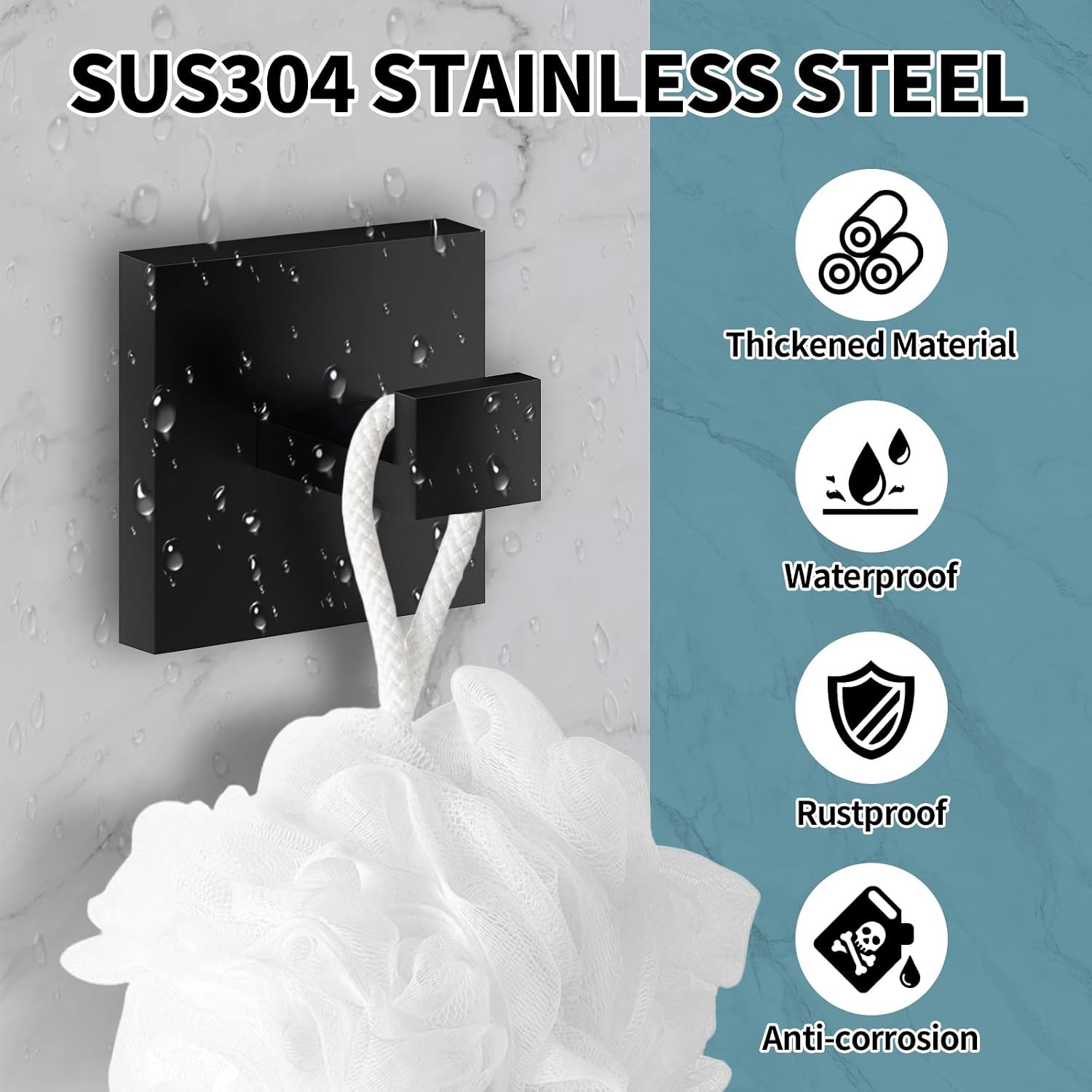 Detalle de Menbyci FGHS04 4-Pack Square Matte Black SUS304 Stainless Steel Towel Hooks