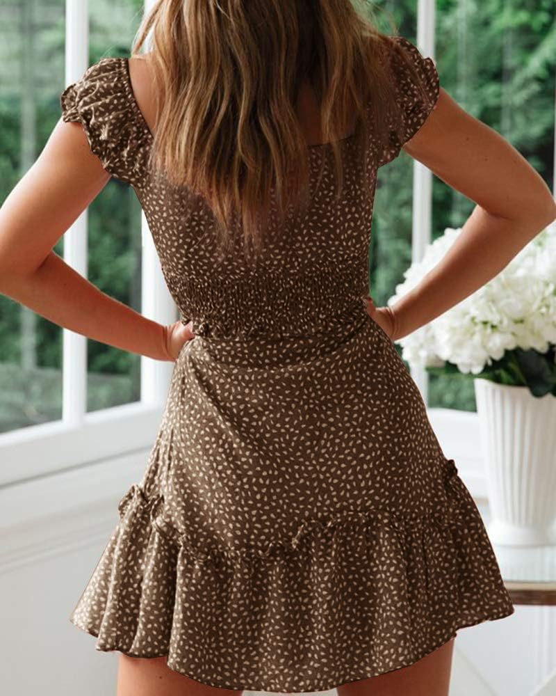 Detalle de YOBECHO Women's Summer Ruffle Sleeve Sweetheart Neckline Print Dress (Mini Dress)