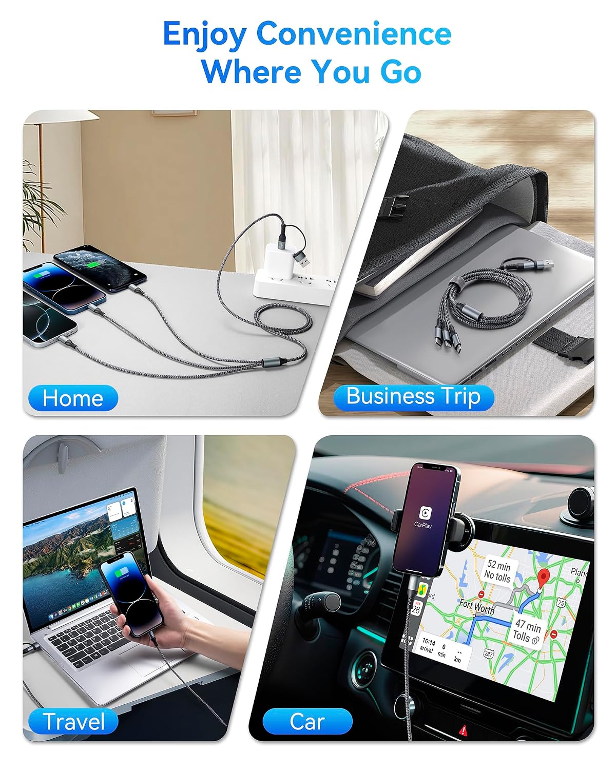 Detalle 2 de Miger 5 in 1 Multi-Ladekabel: 1,2 m, USB-A/USB-C, 6 Anschlusskombinationen, 3A Schnellladung