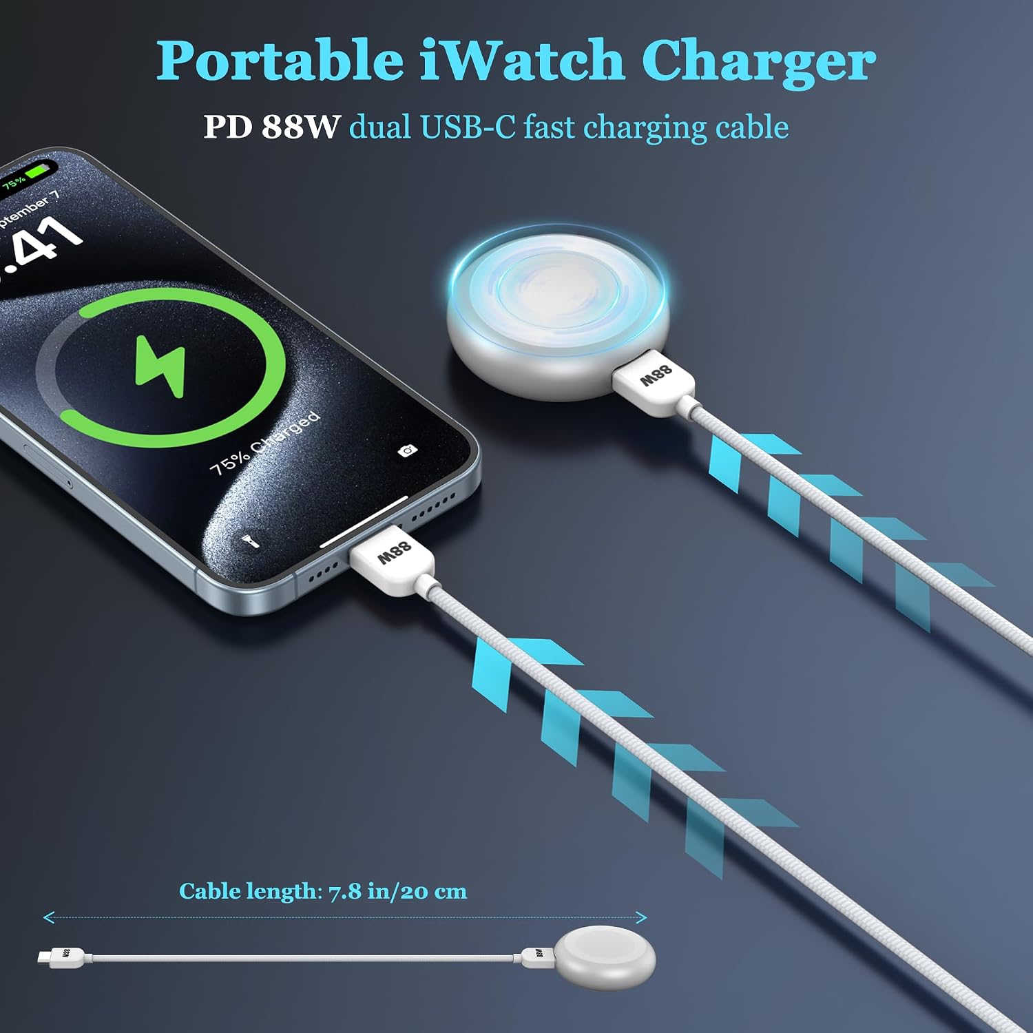 Detalle de 【5W】for Apple Watch Charger with PD 88W Cable — Magnetic, Dual USB-C, Universal for Apple Watch