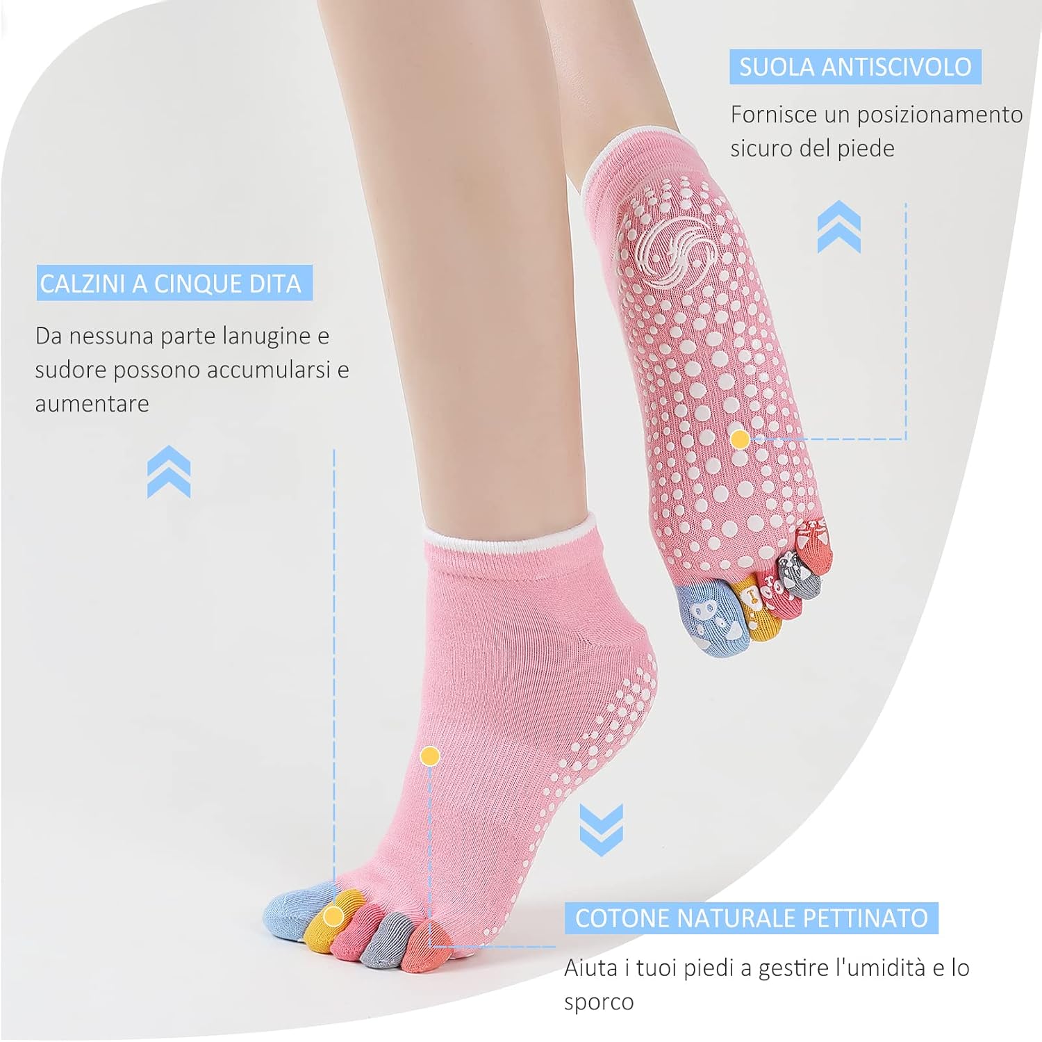 Detalle de PUTUO Calzini antiscivolo da donna con dita (5 dita) per yoga, pilates e fitness, 3 paia EU 36-43