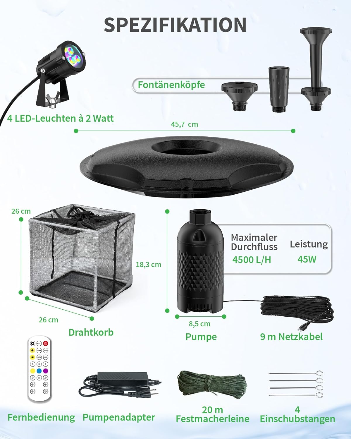 Detalle 2 de Kit Fontaine Flottante POPOSOAP – Aérateur 2-en-1 et Éclairage LED pour Bassin et Jardin Aquatique