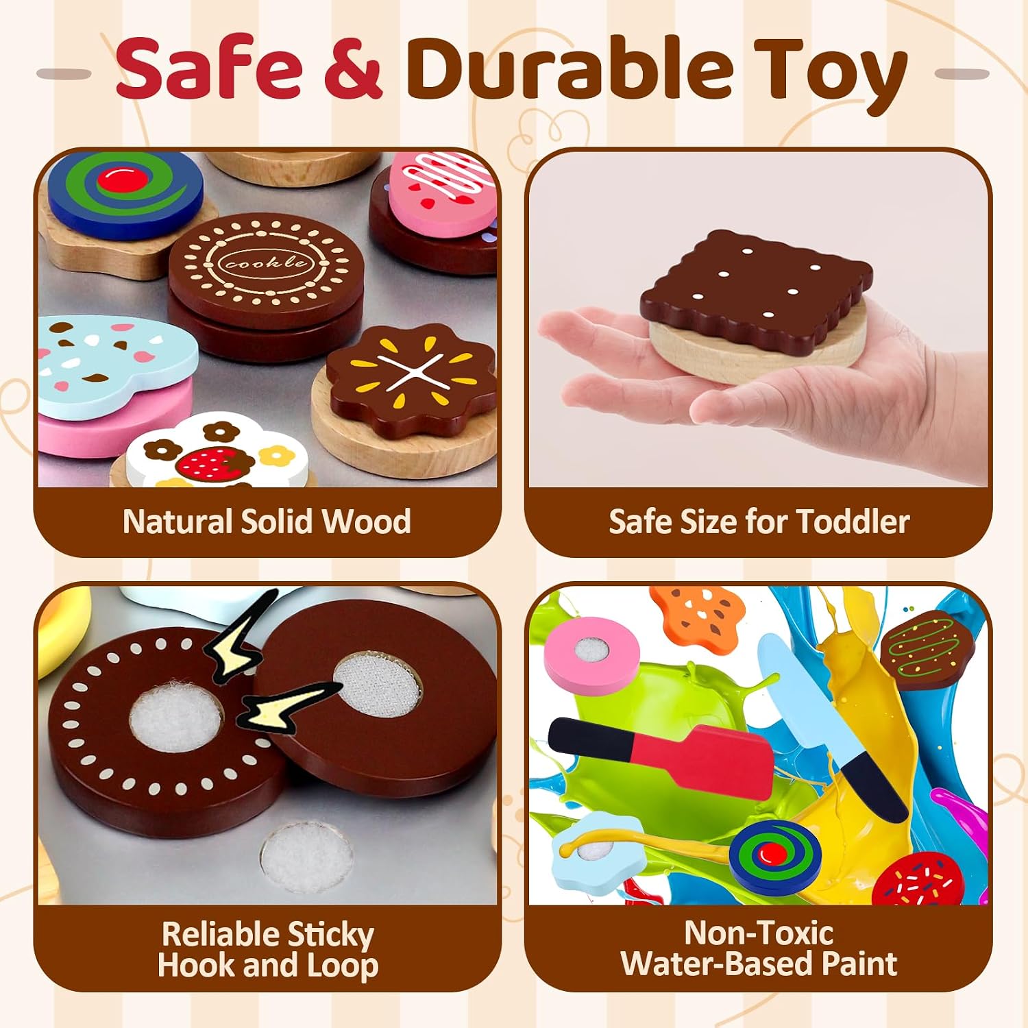 Thumbnail 3 de Beberolen Wooden Cookie Play Food Set – 12 Sliceable Cookies, 12 Toppings, Knife, Spatula & More for Toddlers