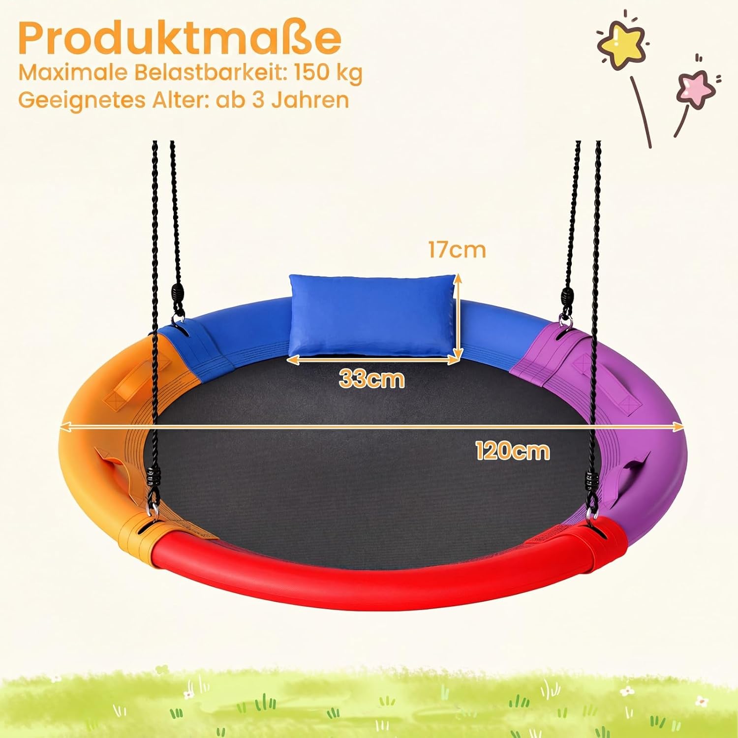 Detalle de COSTWAY Nestschaukel Outdoor 120 cm – Kinderschaukel mit Kissen, Griffe und verstellbarer Aufhängung