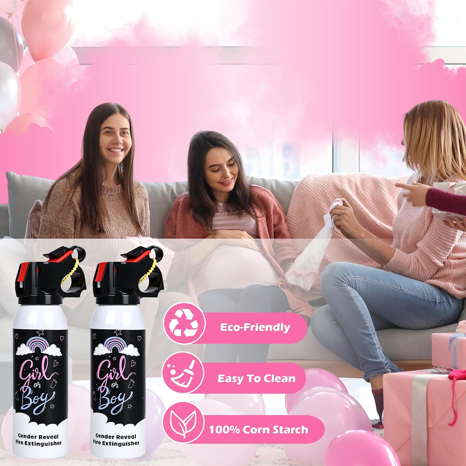 Detalle 2 de Roze poederspray voor genderreveal, 2 spuitbussen met maïszetmeel