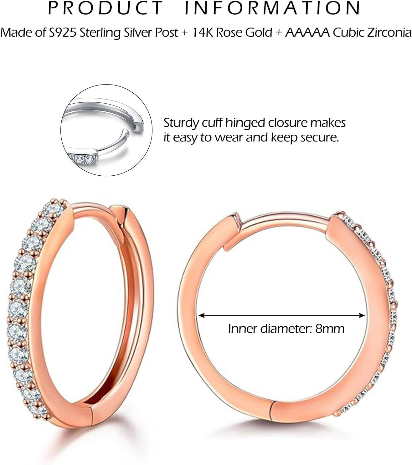 Thumbnail 1 de Wynn's S925 Sterling Silver Hoop Earrings with Cubic Zirconia (8mm/10mm/12mm) – Rose Gold Plated
