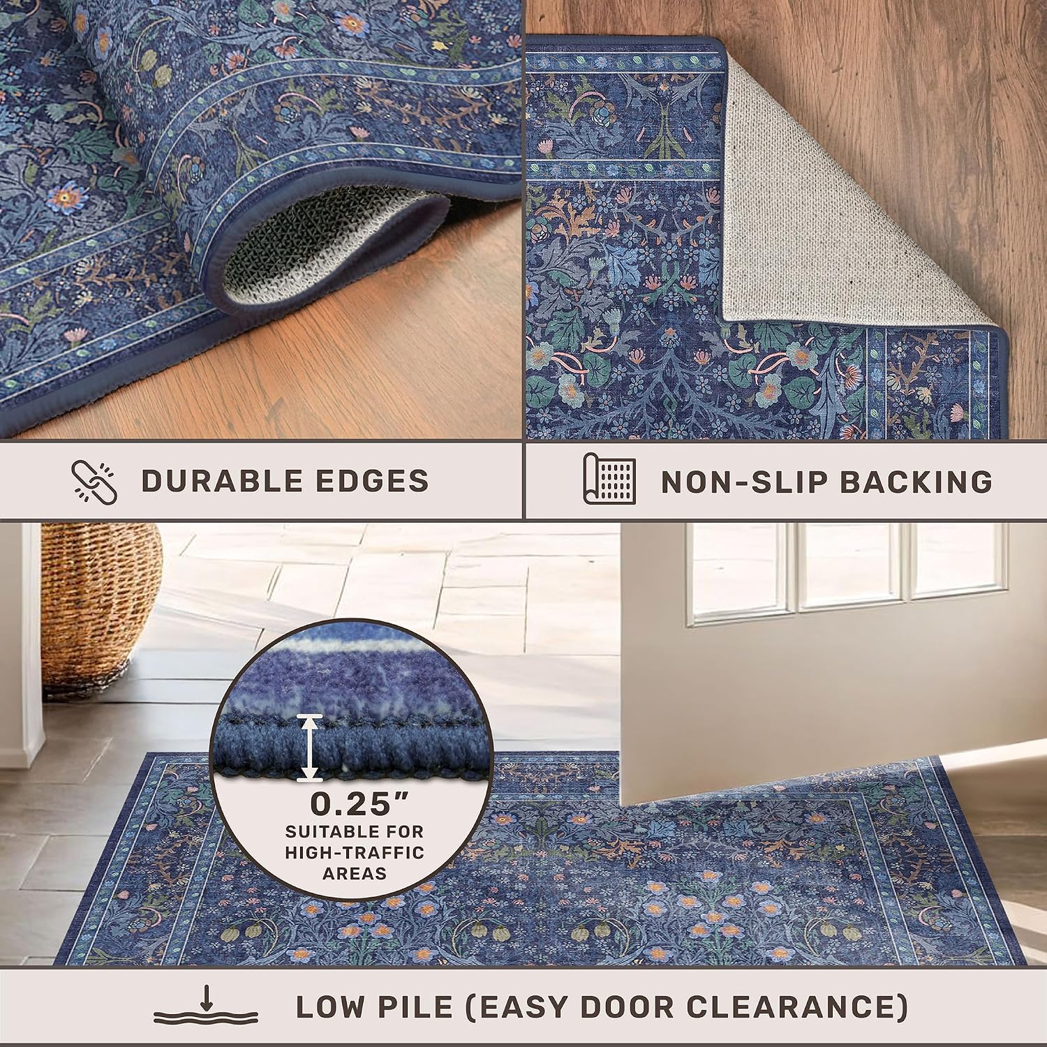Thumbnail 4 de 5x7 Dark Navy Blue Vintage Floral Area Rug 🏡