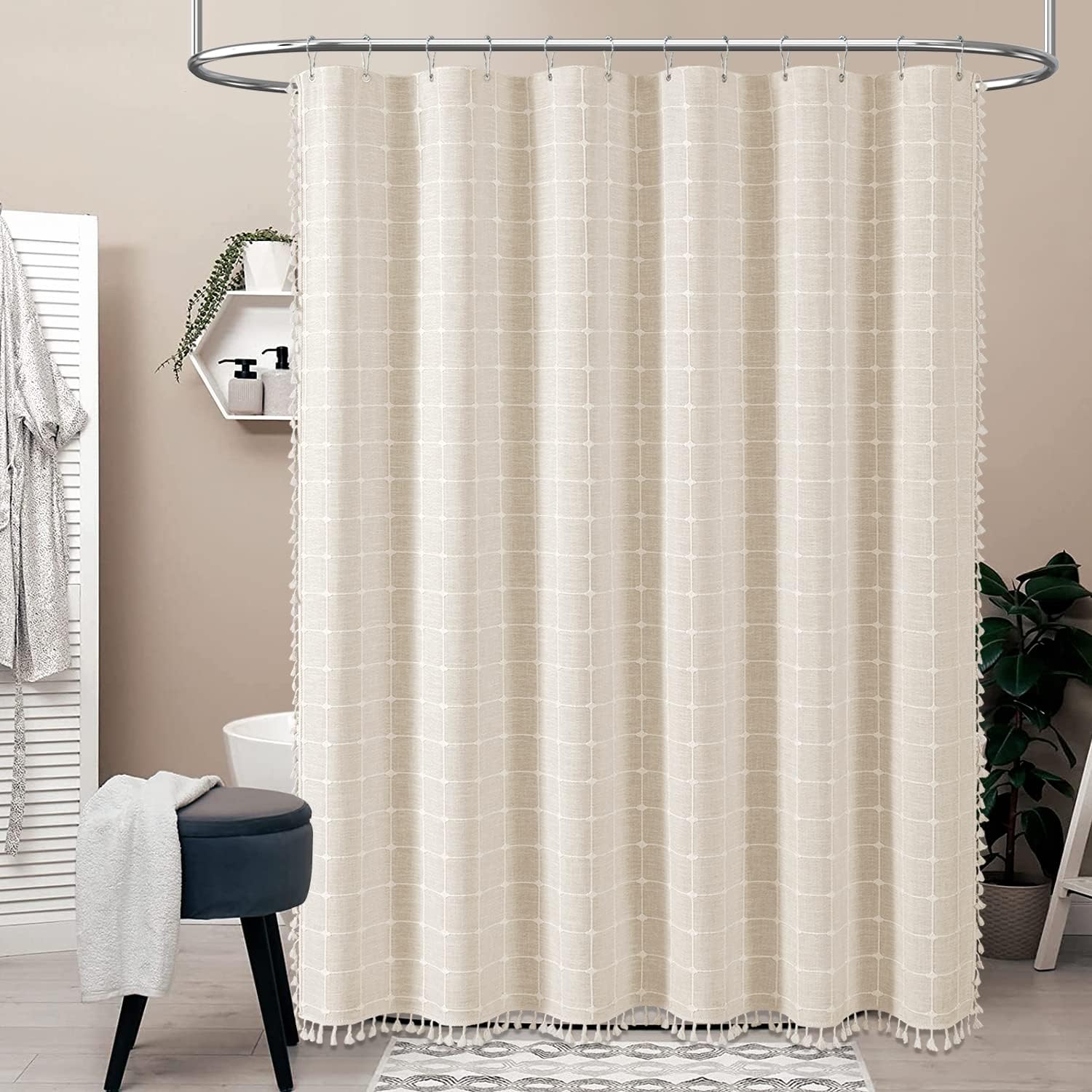 Thumbnail 6 de BTTN Extra Long Boho Linen Blend Shower Curtain (72x96 Inch) with Plastic Hooks – Cream/Beige