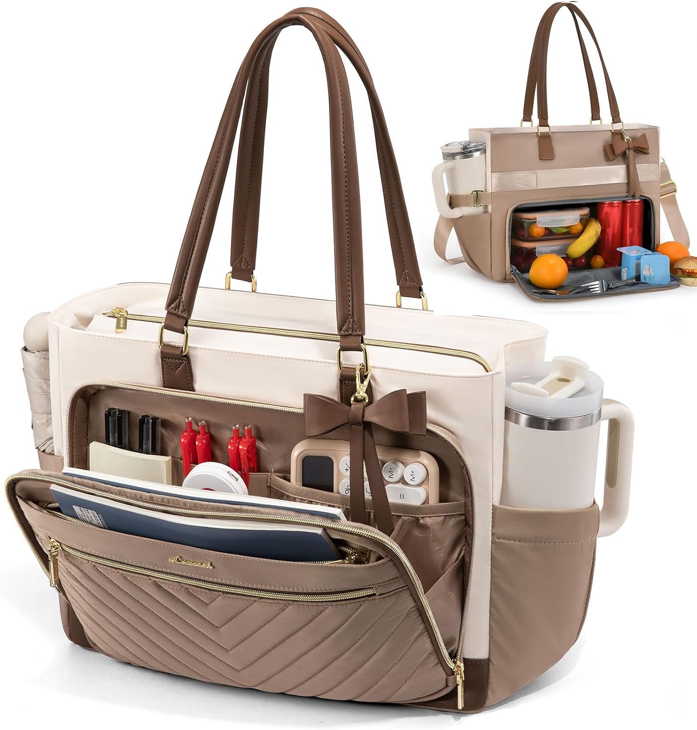 Thumbnail 6 de LOVEVOOK Lunch Bag Tote for Women with Insulated Compartment, Laptop Pocket (Fits 17.3-Inch) & Cup Holder, Black-Beige-Brown