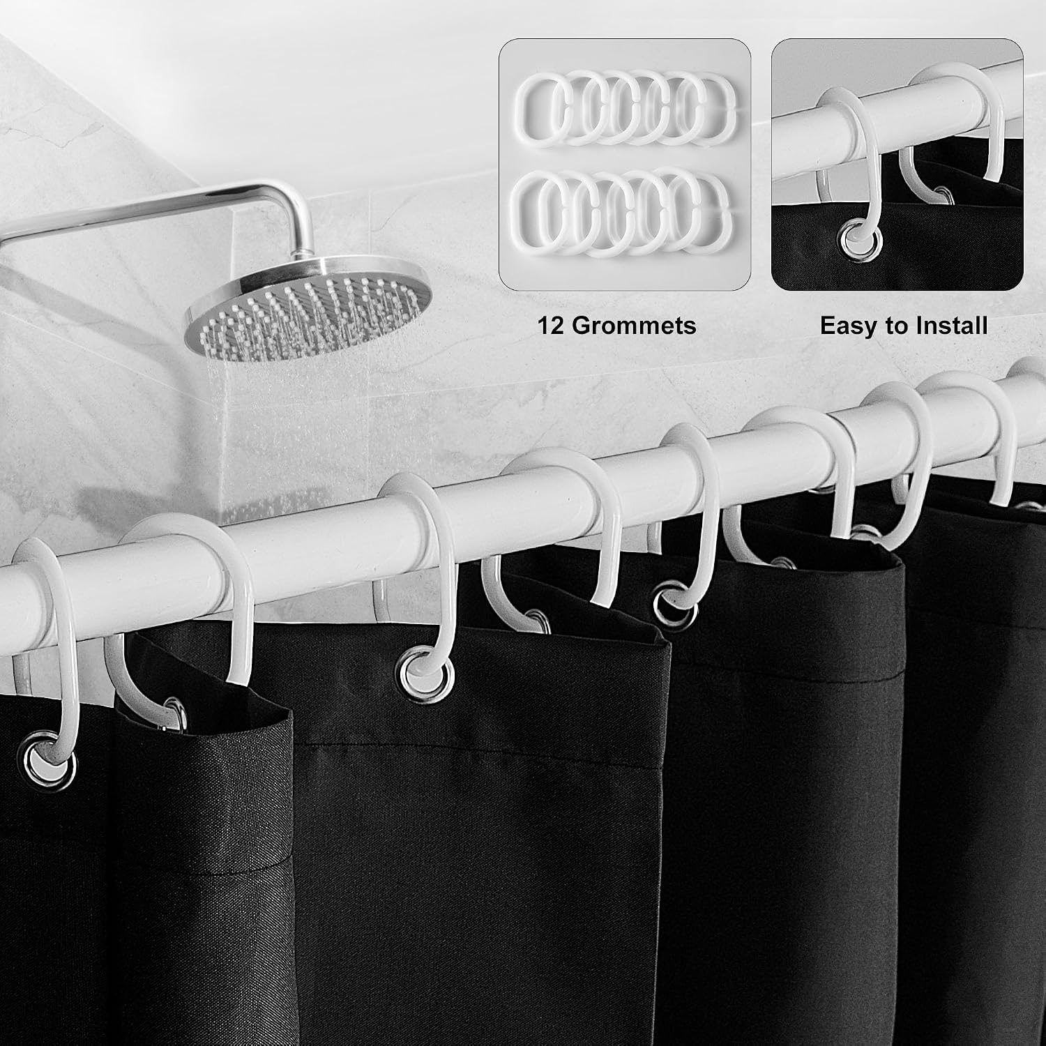 Detalle de DUFU Rideau de douche à séchage rapide en polyester imperméable 180 x 200 cm noir avec 12 crochets