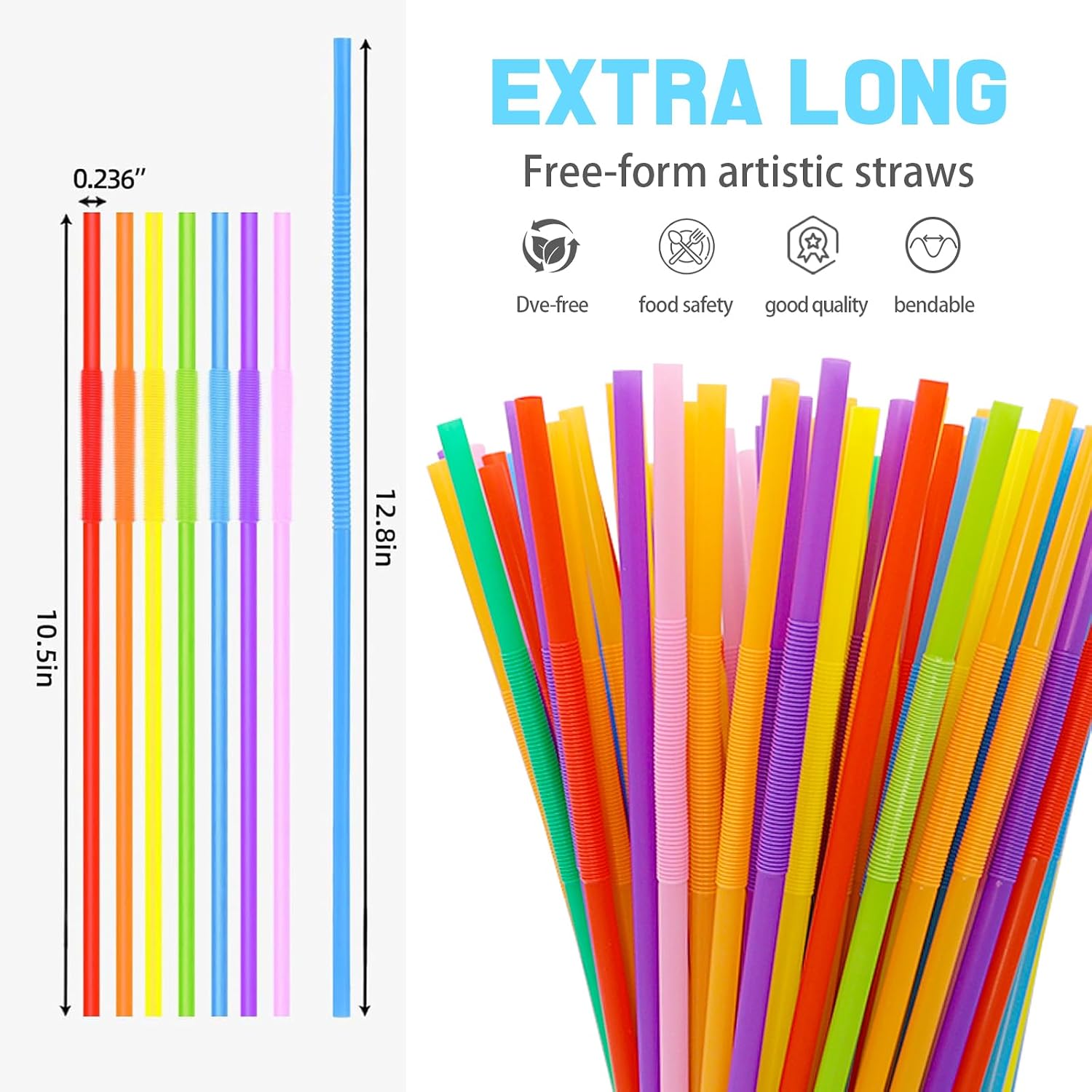 Detalle 2 de 100 Pcs Colorful Plastic Disposable Bendable Straws — 12.8 inches, Assorted Colors