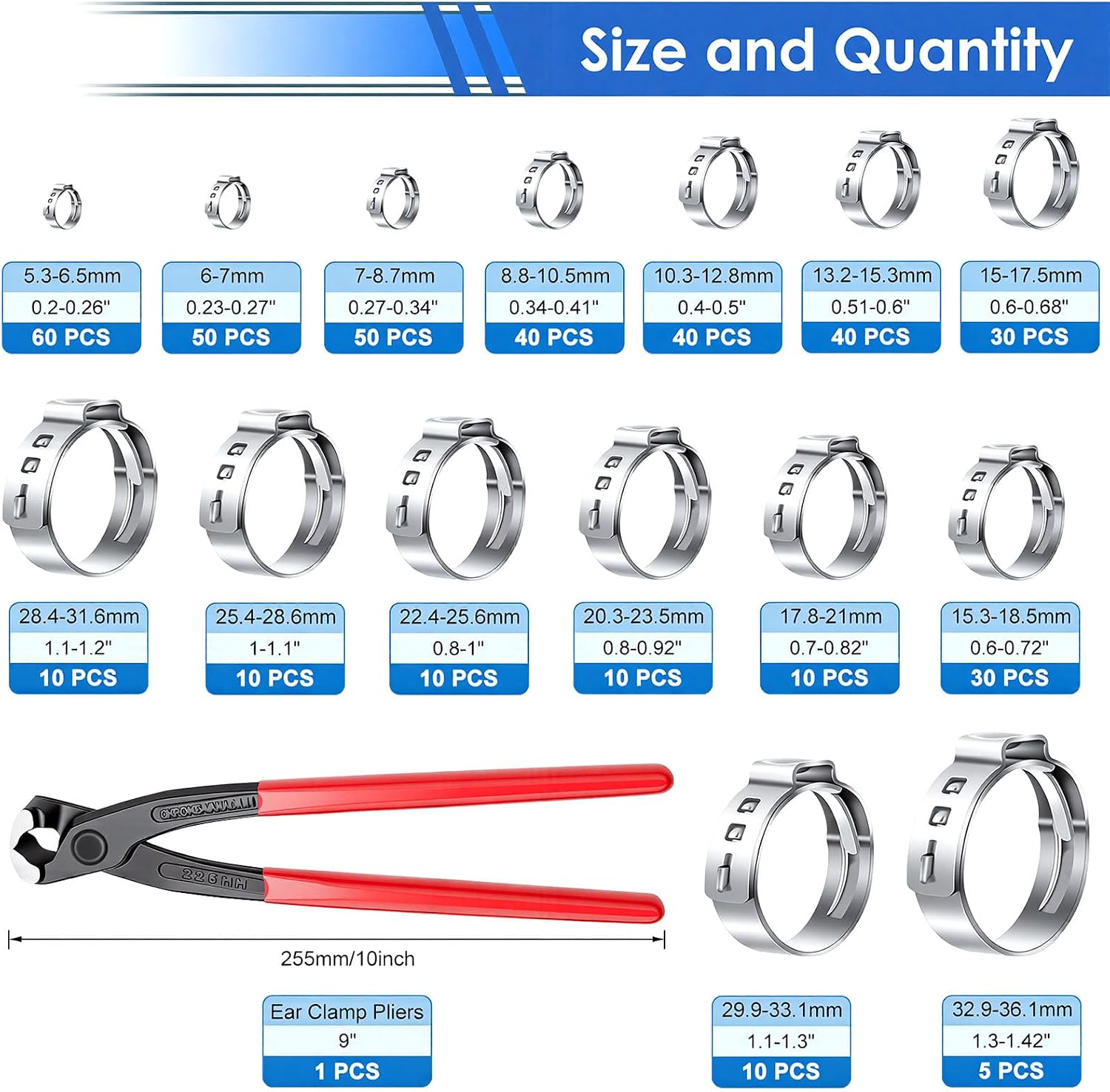 Detalle de Seept CA-SM-25-6 405-Piece Single-Ear Hose Clamp Kit, 304 Stainless Steel