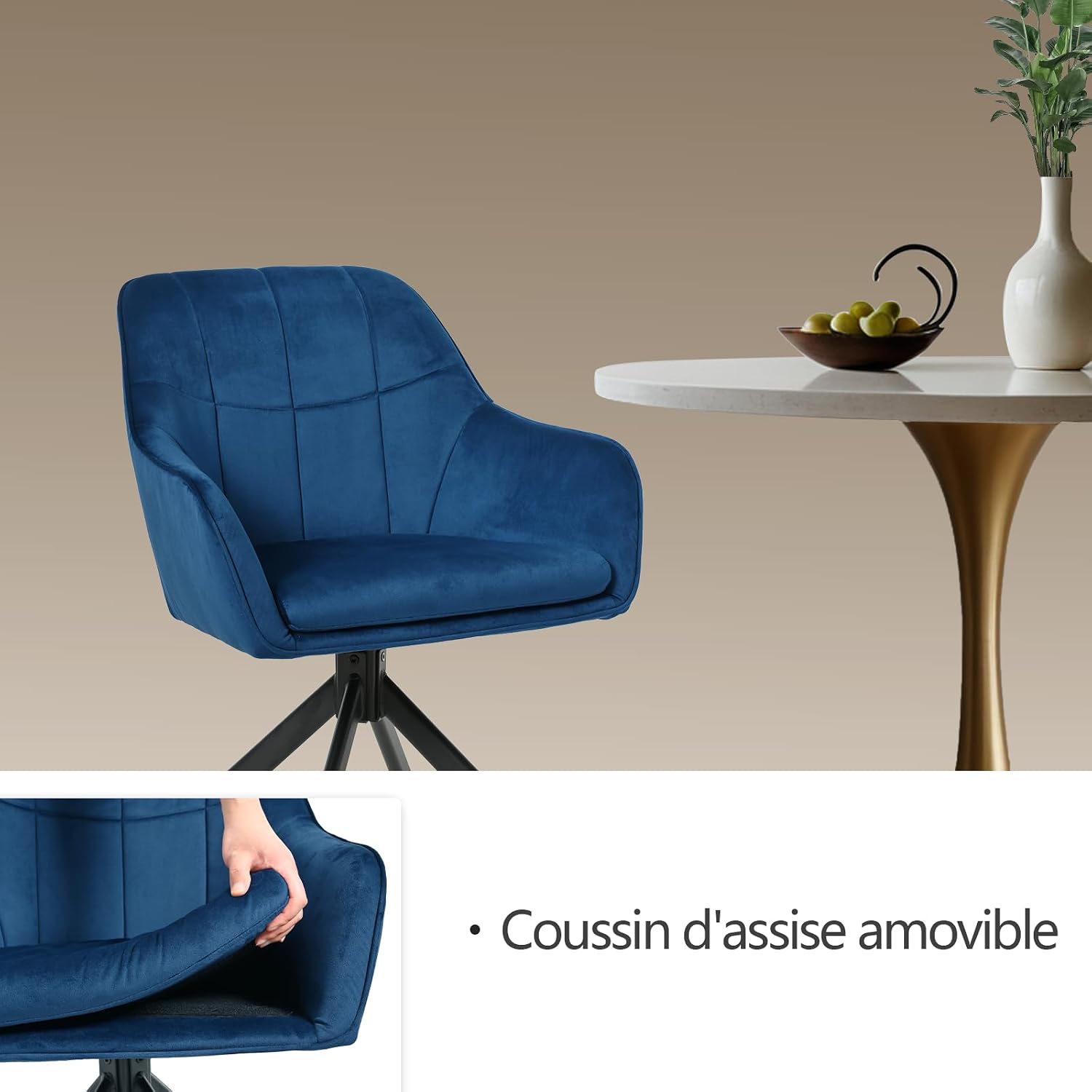 Thumbnail 4 de Lot de 4 chaises pivotantes à 360° en velours avec accoudoirs Goeurvant – bleu foncé