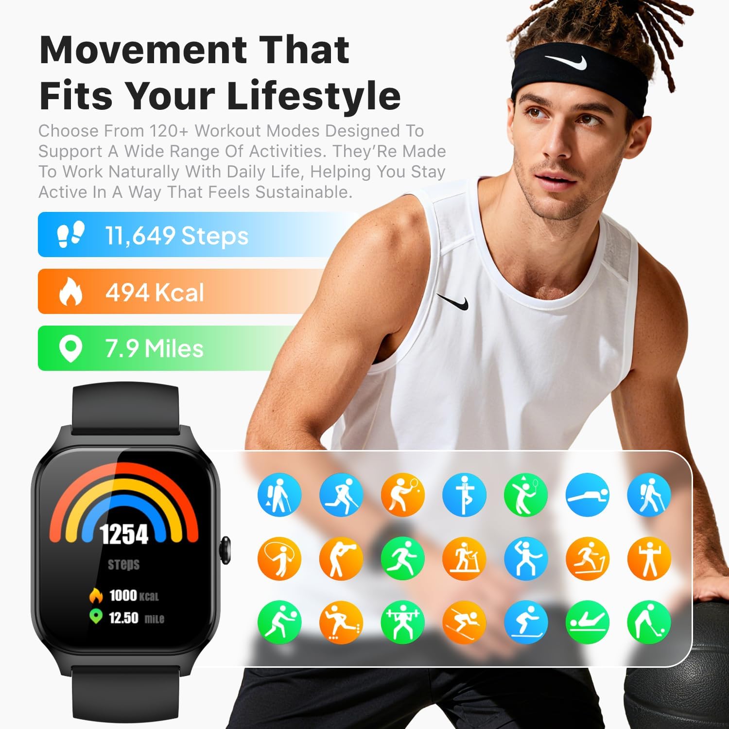 Detalle de Kriutefy Smart Watch (Women & Men) with Bluetooth calling, 1.83" HD display, fitness & sleep tracking – Midnight Black