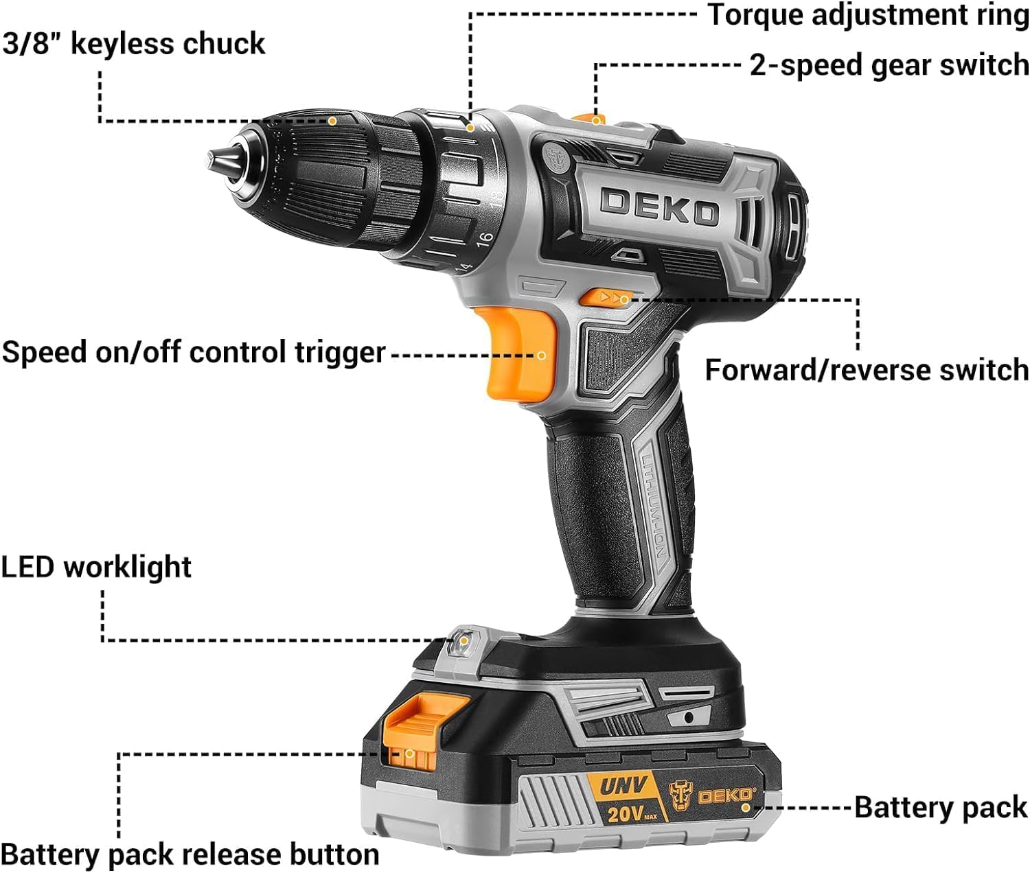 Thumbnail 1 de DEKOPRO 20V Cordless Drill Driver Set (Grey) with Battery, Charger and Bits